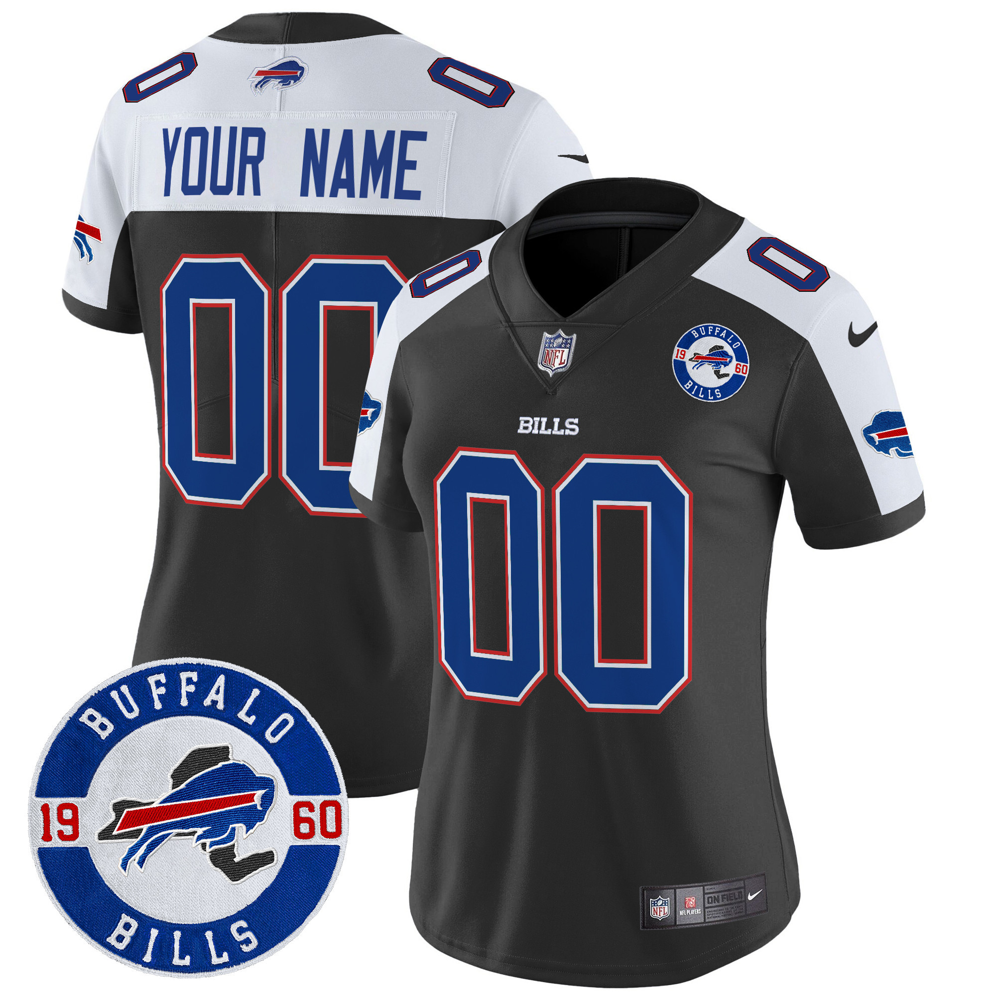 Women's Buffalo Bills 2024 Vapor Limited Custom Black Alternate Jersey - Est. 1960 Patch - All Stitched