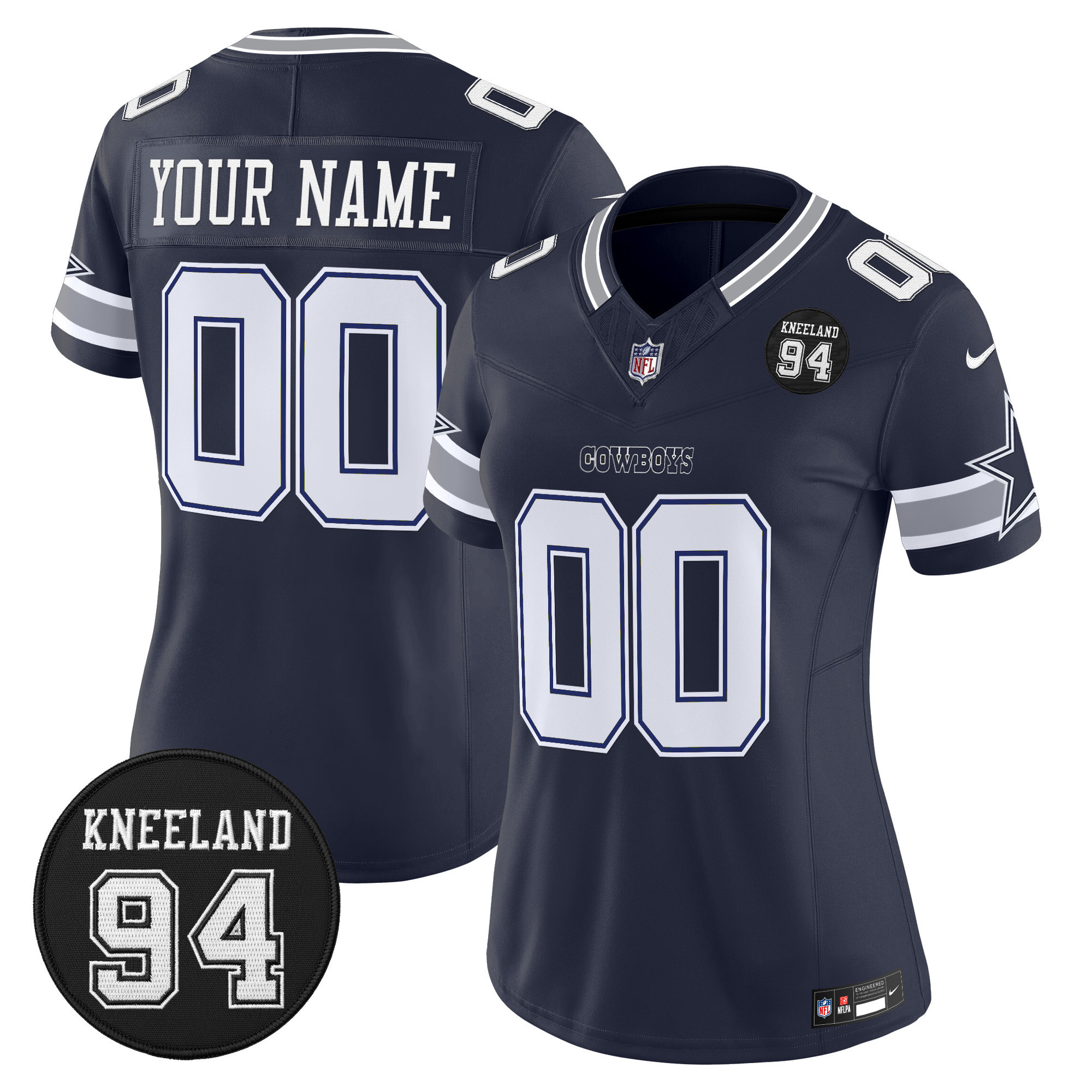 Women's Dallas Cowboys #94 Marshawn Kneeland Memorial Patch Vapor Limited Custom Navy Jersey - All Stitched