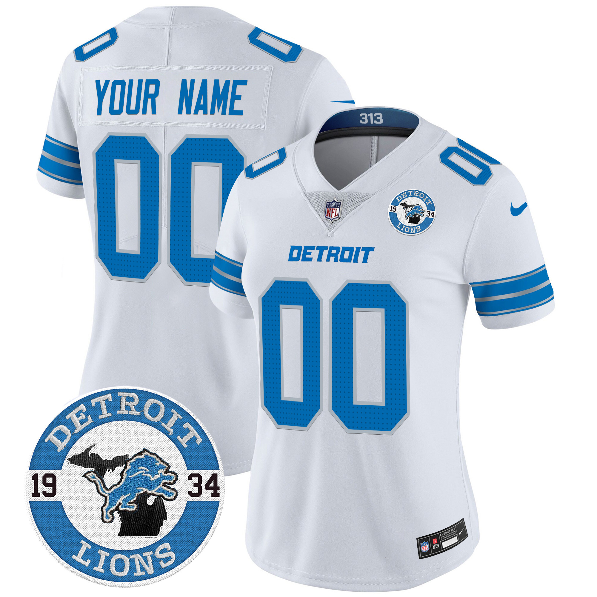 Women's Detroit Lions 2024 Vapor Limited Custom White Jersey - Est. 1934 Patch - All Stitched