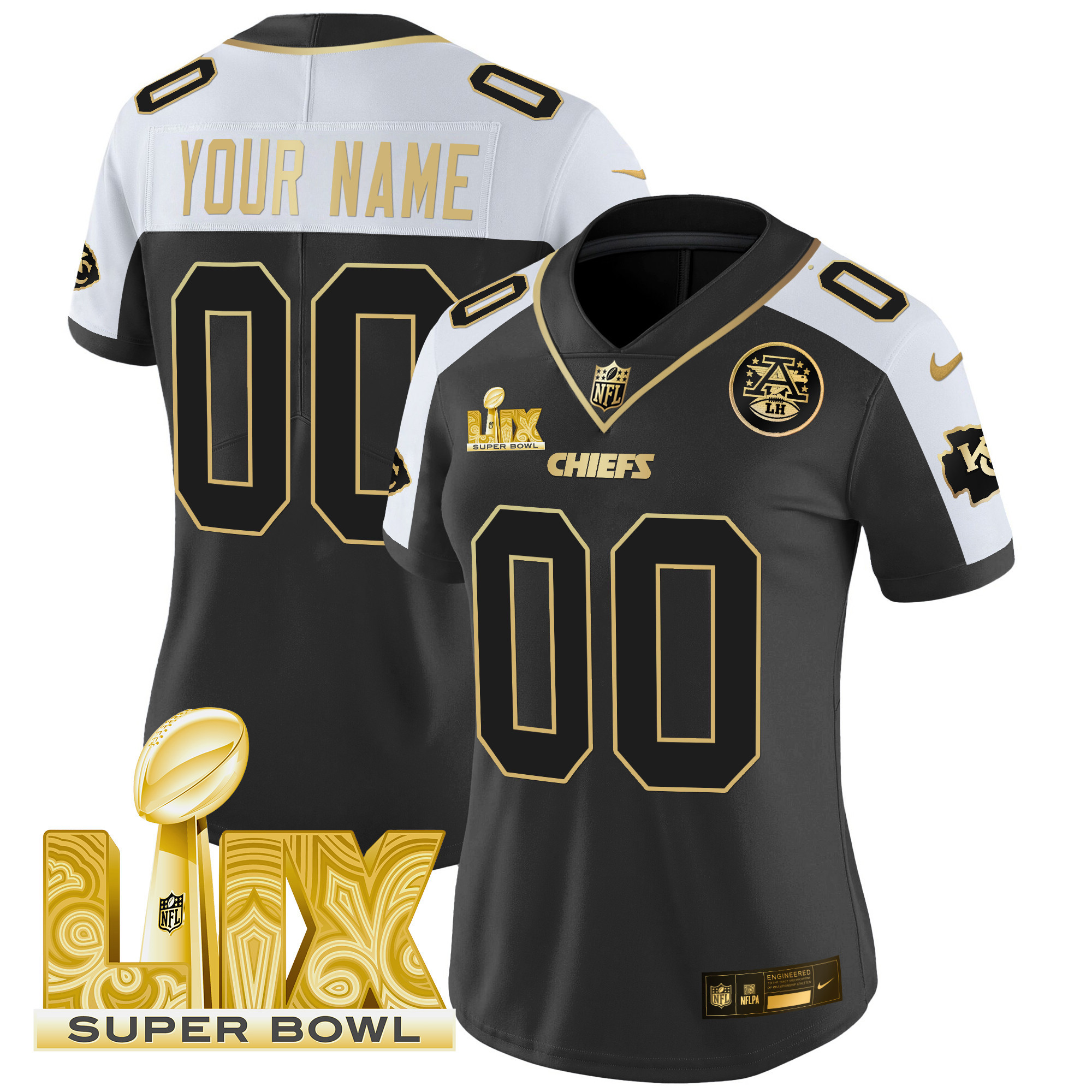 Women's Kansas City Chiefs Super Bowl LIX Patch Gold Vapor Limited Custom Alternate Jersey - All Stitched
