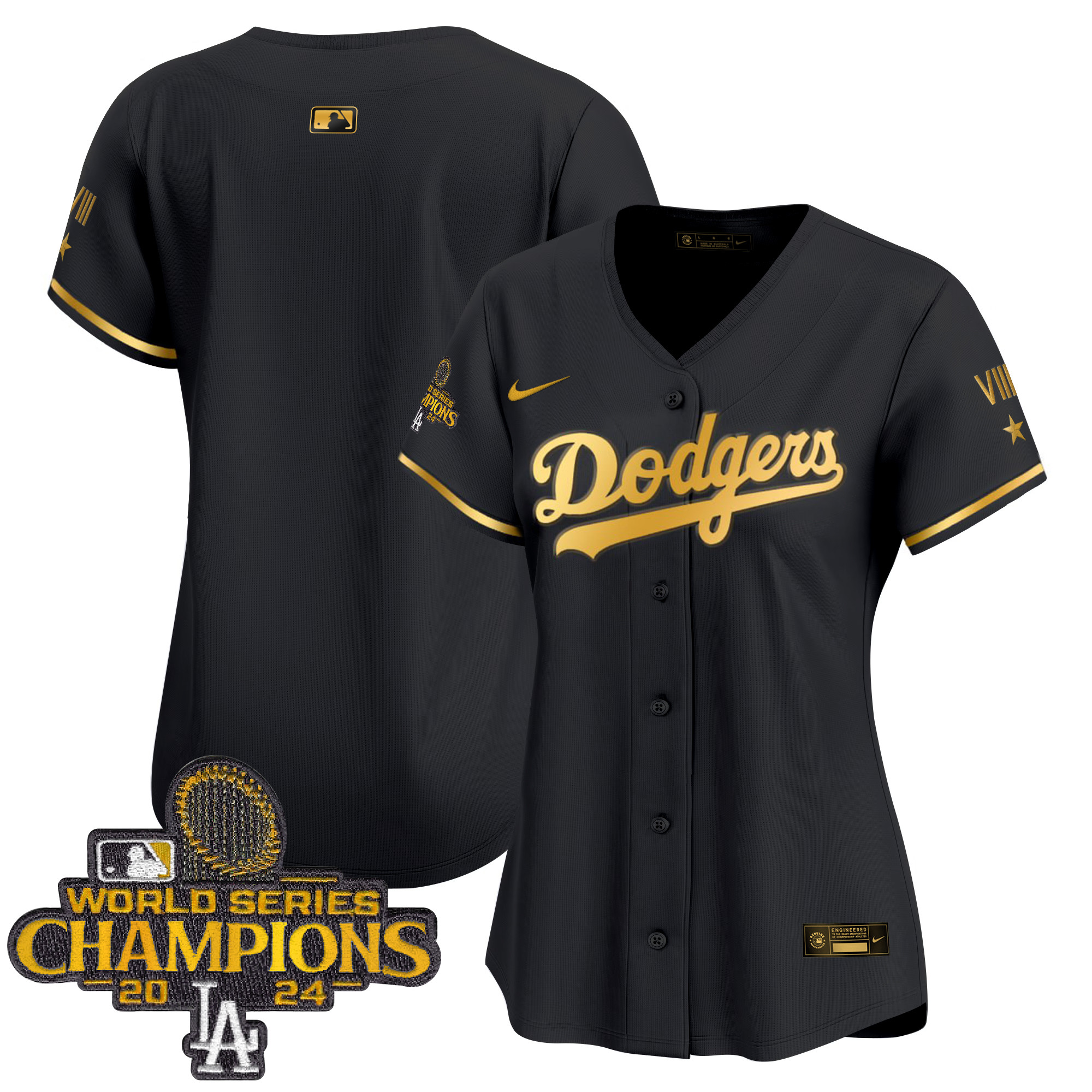 Women's Los Angeles Dodgers 2024 World Series Champions Gold Trim Vapor Premier Limited Black Gold Jersey - All Stitched