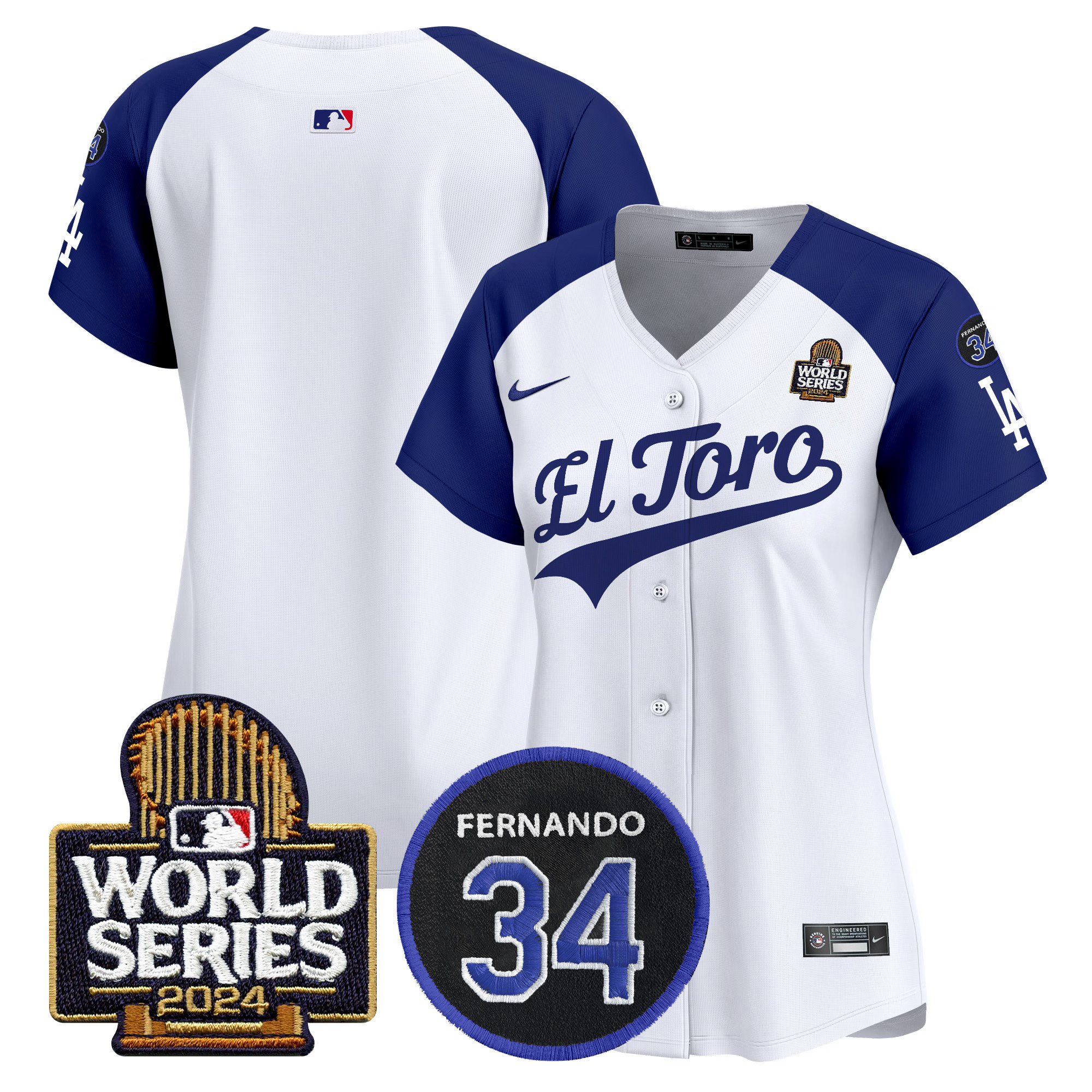 Women's Los Angeles Dodgers El Toro 2024 World Series Patch Vapor Premier Limited Alternate White Jersey - All Stitched