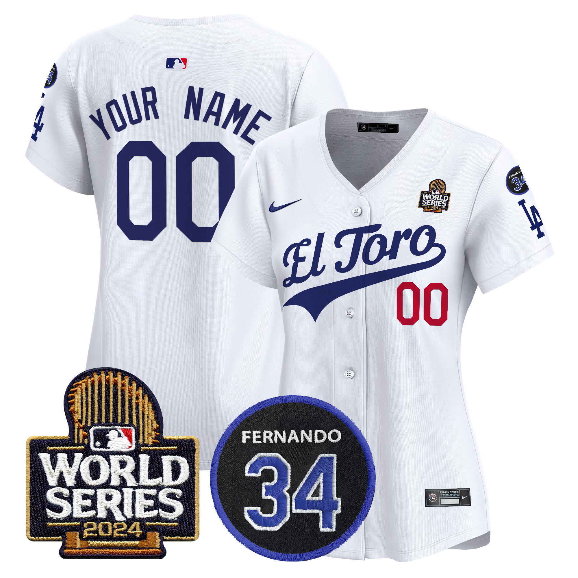 Women's Los Angeles Dodgers El Toro 2024 World Series Patch Vapor Premier Limited Custom White Jersey - All Stitched