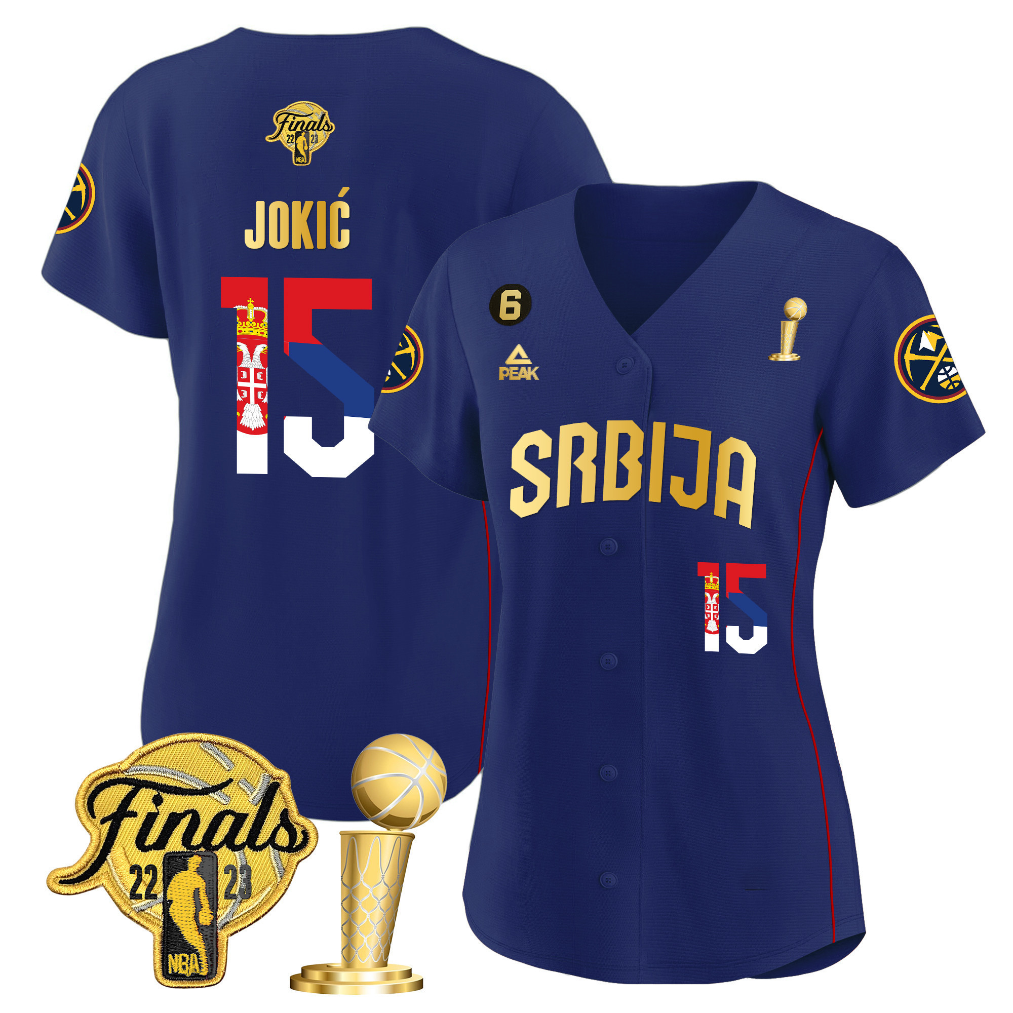 Women's Nikola Jokic Denver Nuggets Serbia Flag Finals & Champions Cool Base Navy Gold Jersey - All Stitched