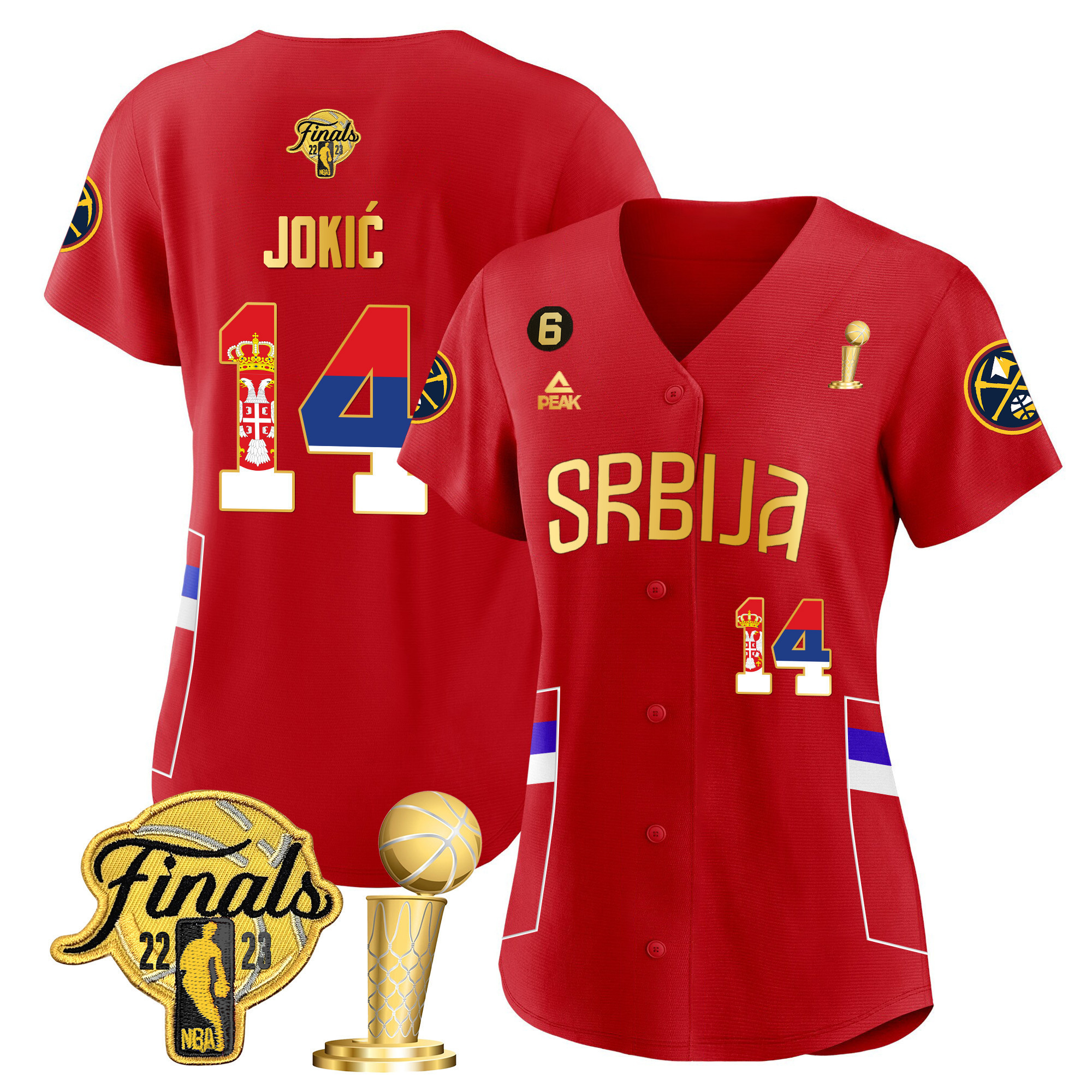 Women's Nikola Jokic Denver Nuggets Serbia Flag Finals & Champions Cool Base Red Gold Jersey - All Stitched