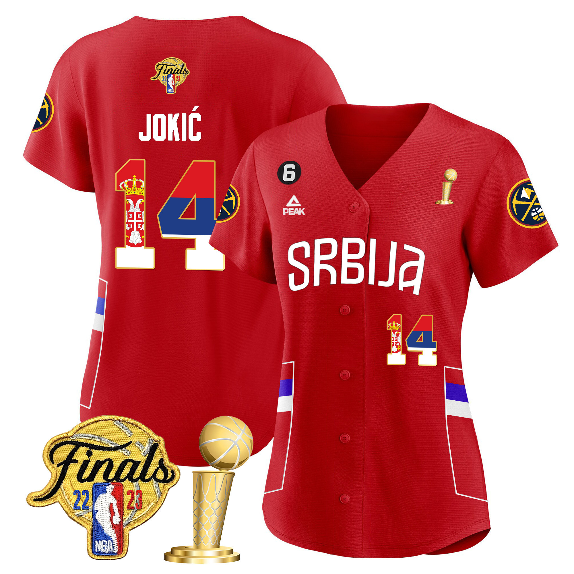 Women's Nikola Jokic Denver Nuggets Serbia Flag Finals & Champions Cool Base Red Jersey - All Stitched