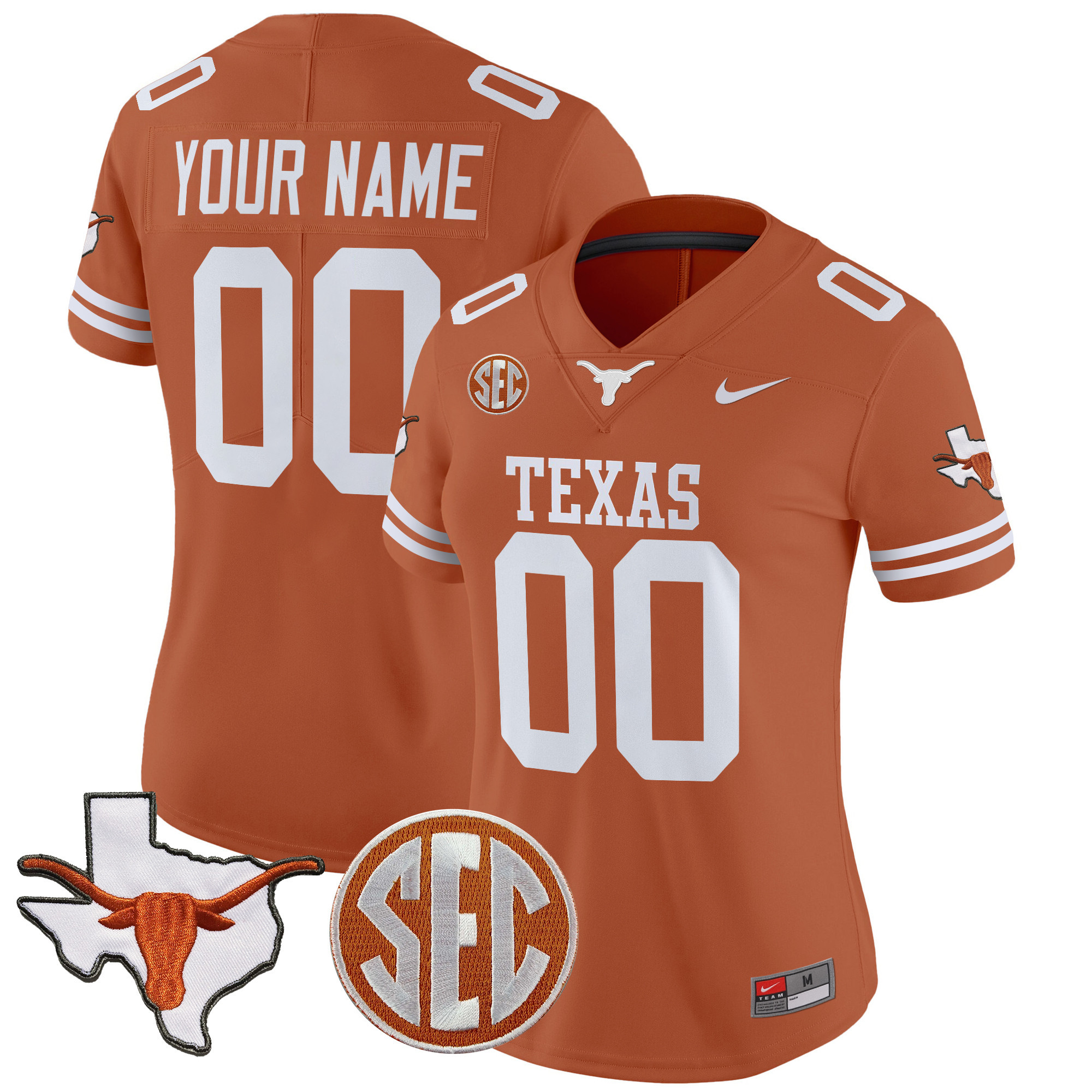 Women's Texas Longhorns 2025 State Map & SEC Patch Vapor Limited Custom Texas Orange Jersey - All Stitched