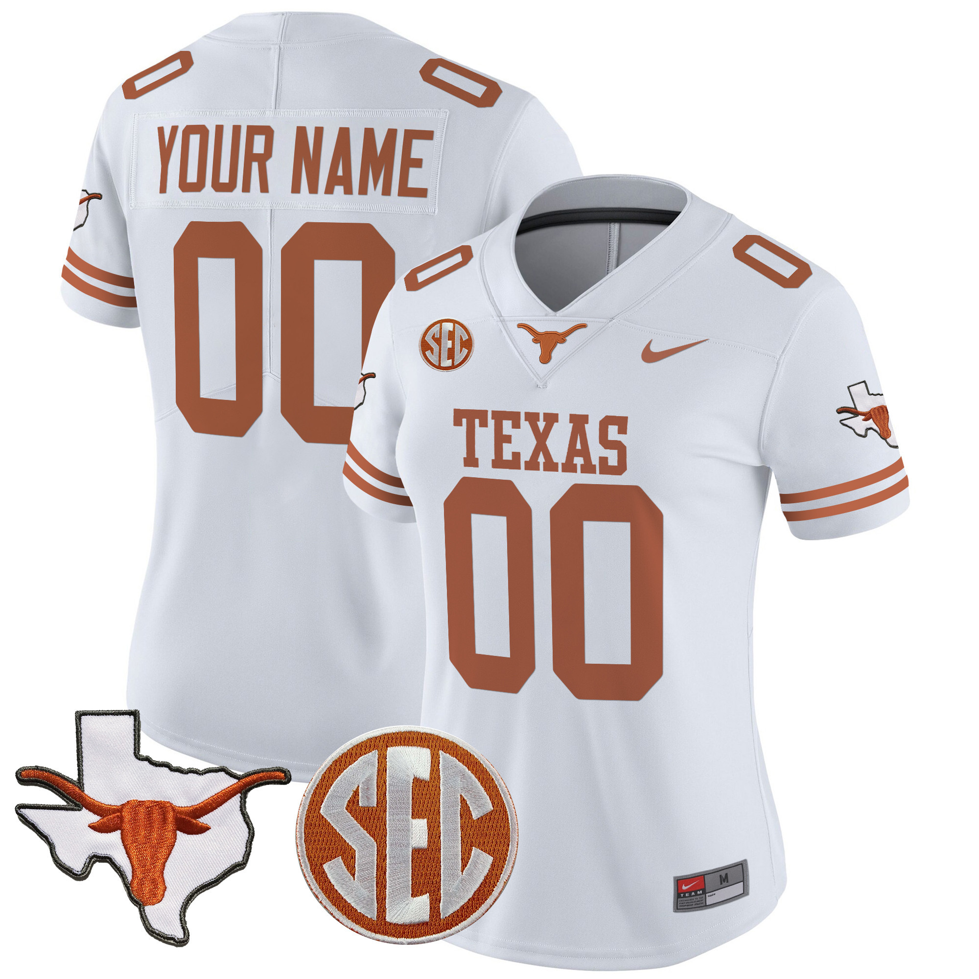 Women's Texas Longhorns 2025 State Map & SEC Patch Vapor Limited Custom White Jersey - All Stitched