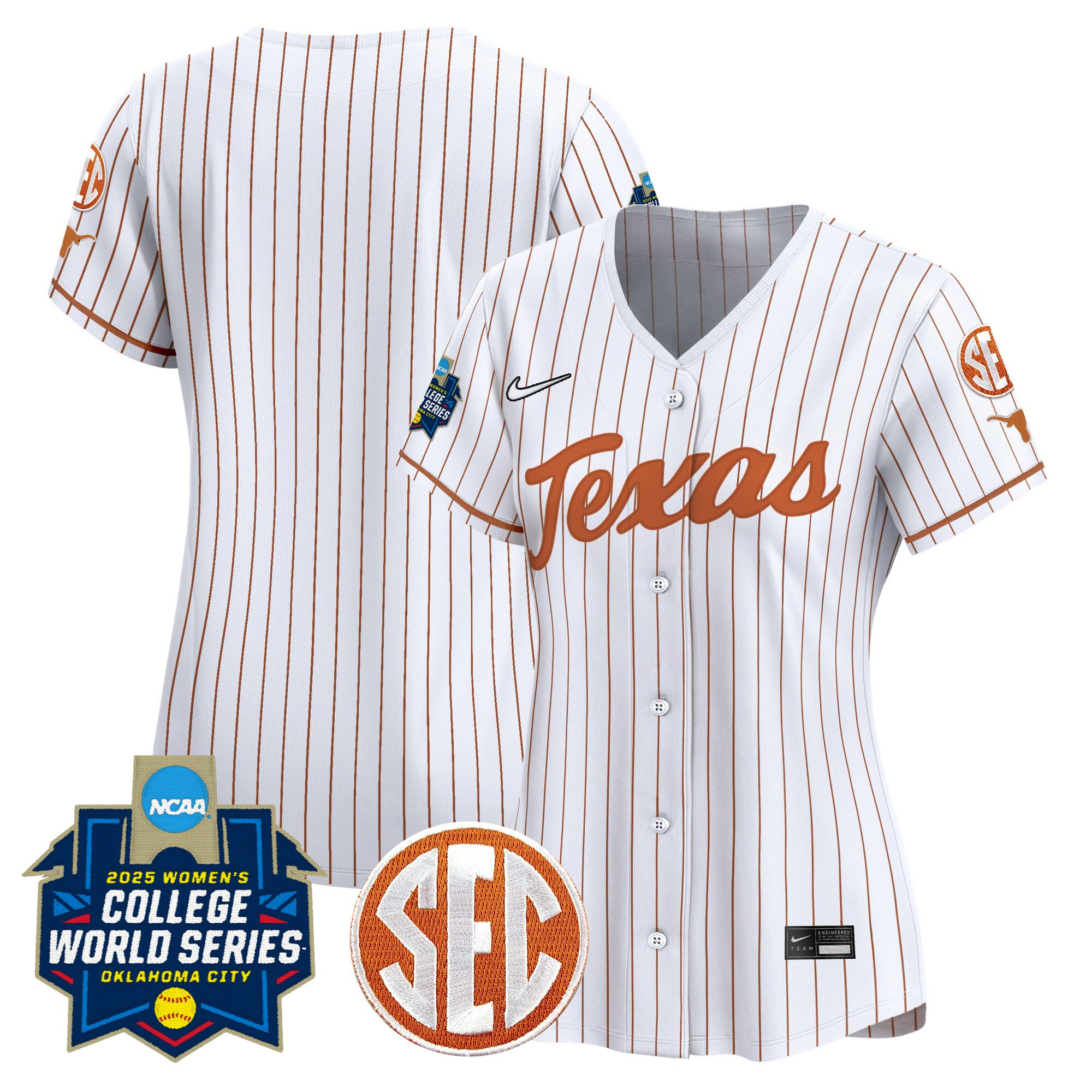 Women's Texas Longhorns Softball 2025 World Series (WCWS) Vapor Premier Limited White Pinstripe Jersey - All Stitched
