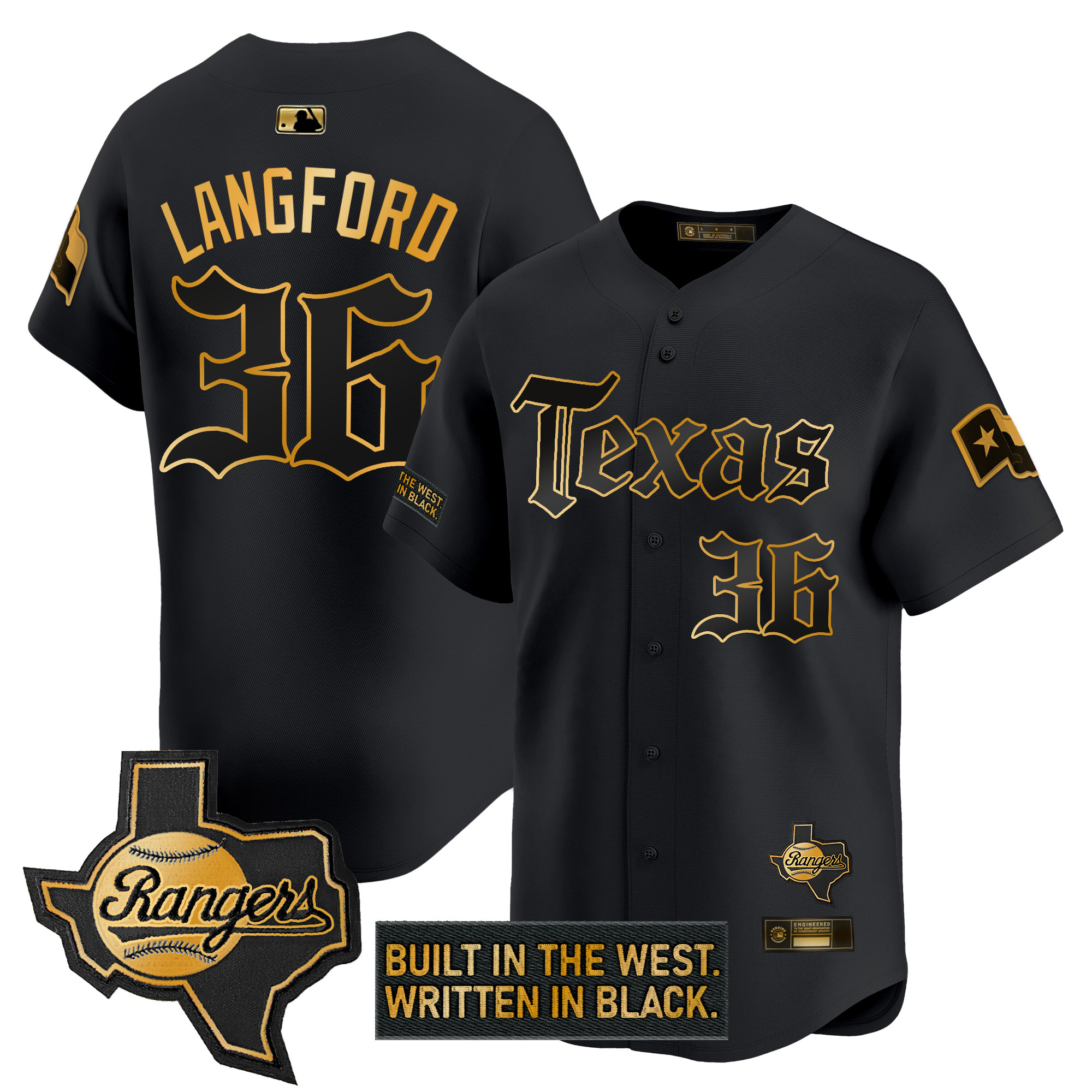 Wyatt Langford Men's Texas Rangers Gothic Frontier Edition Gold Vapor Premier Limited Black Gold Jersey - All Stitched