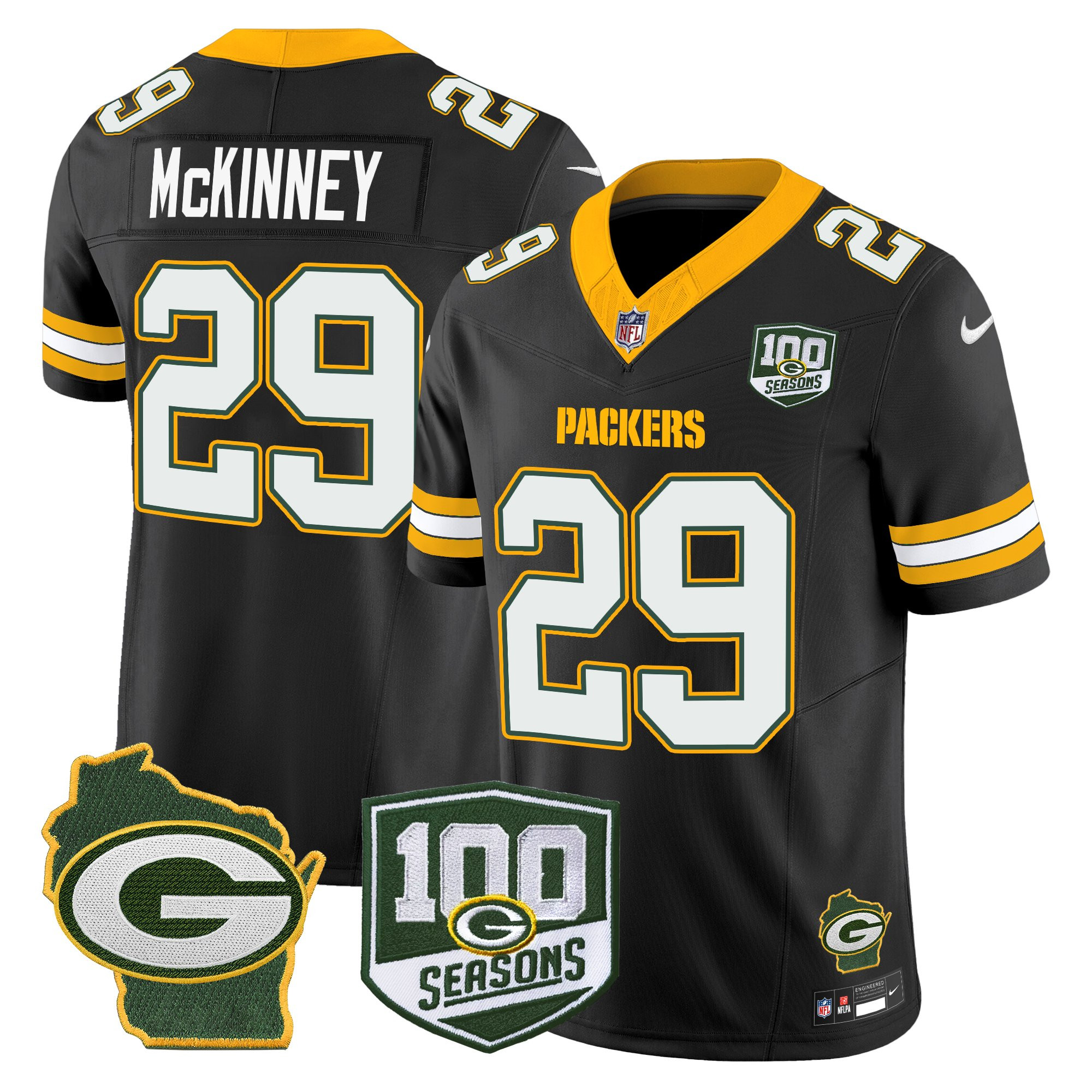 Xavier McKinney Men's Green Bay Packers 100th Season & Home Patch Vapor Limited Black Jersey - All Stitched