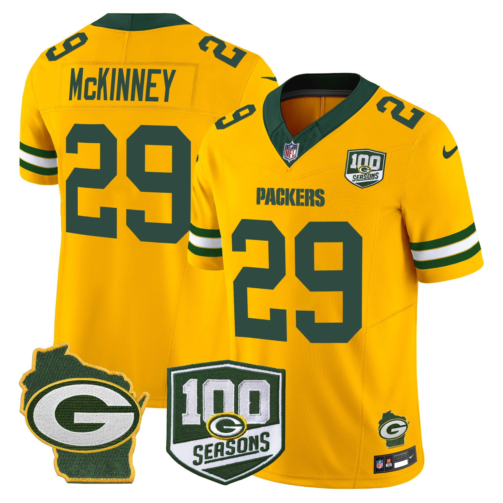 Xavier McKinney Men's Green Bay Packers 100th Season & Home Patch Vapor Limited Gold Jersey - All Stitched