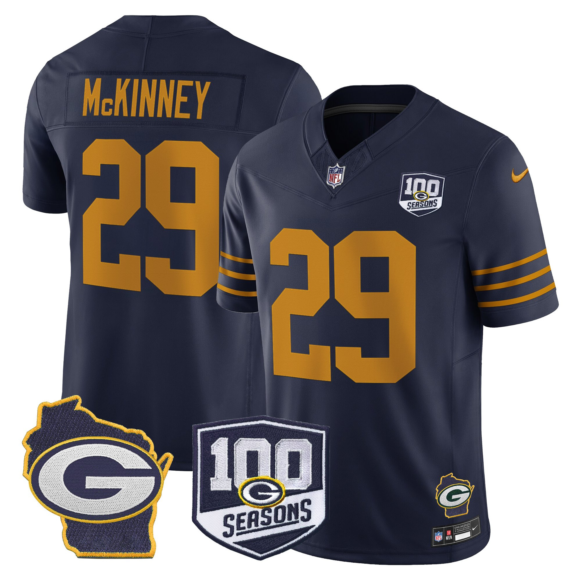 Xavier McKinney Men's Green Bay Packers 100th Season & Home Patch Vapor Limited Navy Jersey - All Stitched