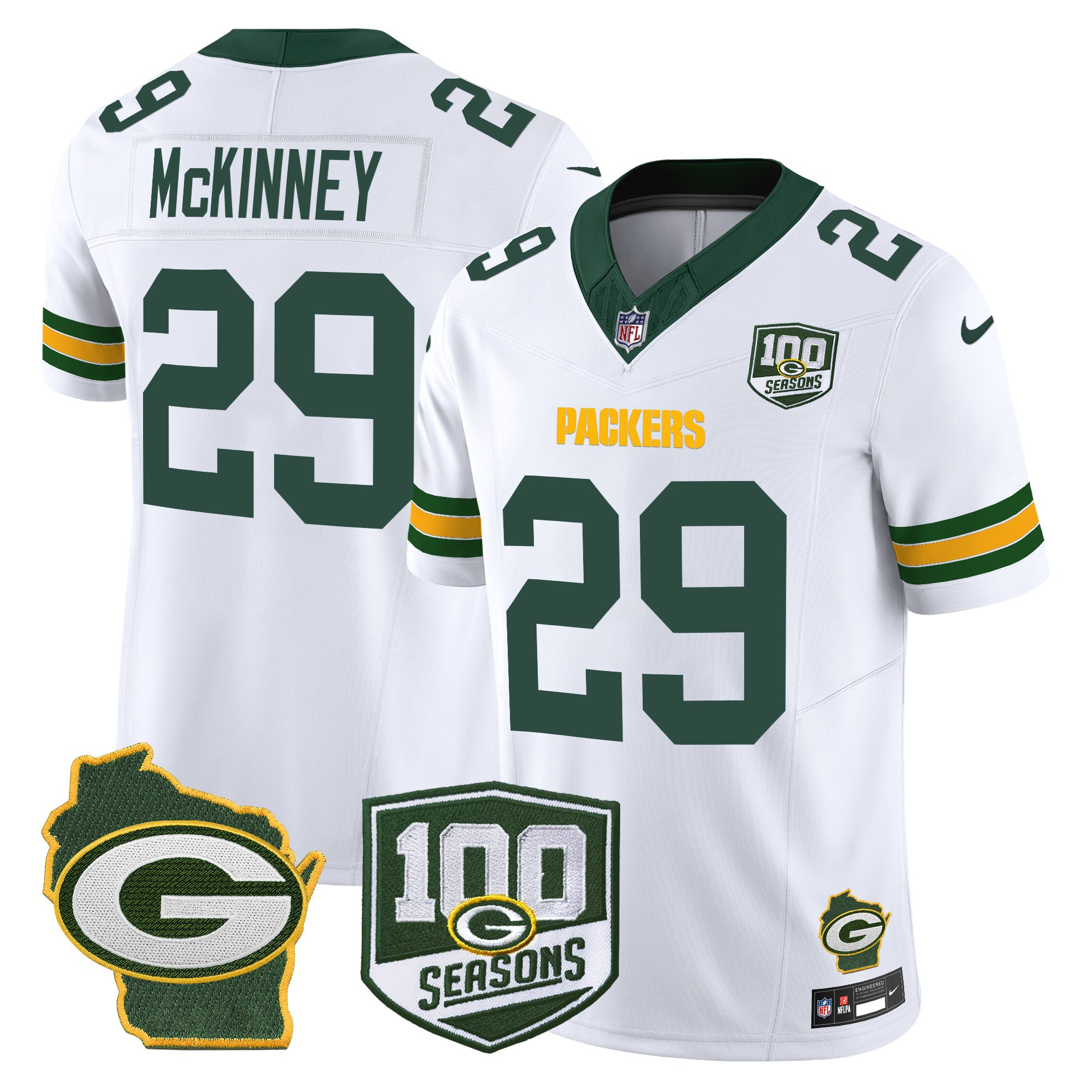 Xavier McKinney Men's Green Bay Packers 100th Season & Home Patch Vapor Limited White Jersey - All Stitched