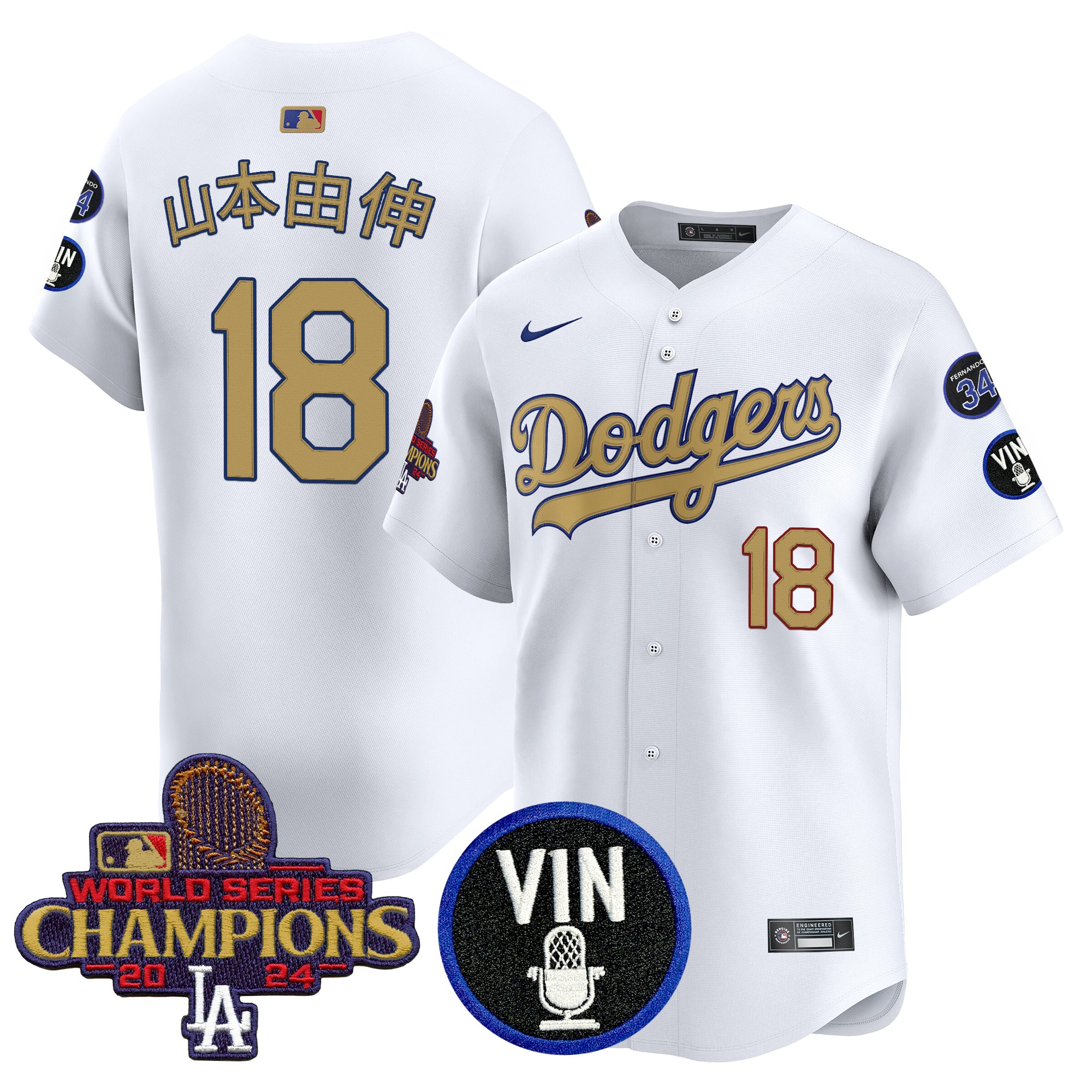 Yamamoto (Kanji) Men's Los Angeles Dodgers 2025 Vin Scully & #34 Fernando Patch Gold Vapor Premier Limited White Jersey - All Stitched