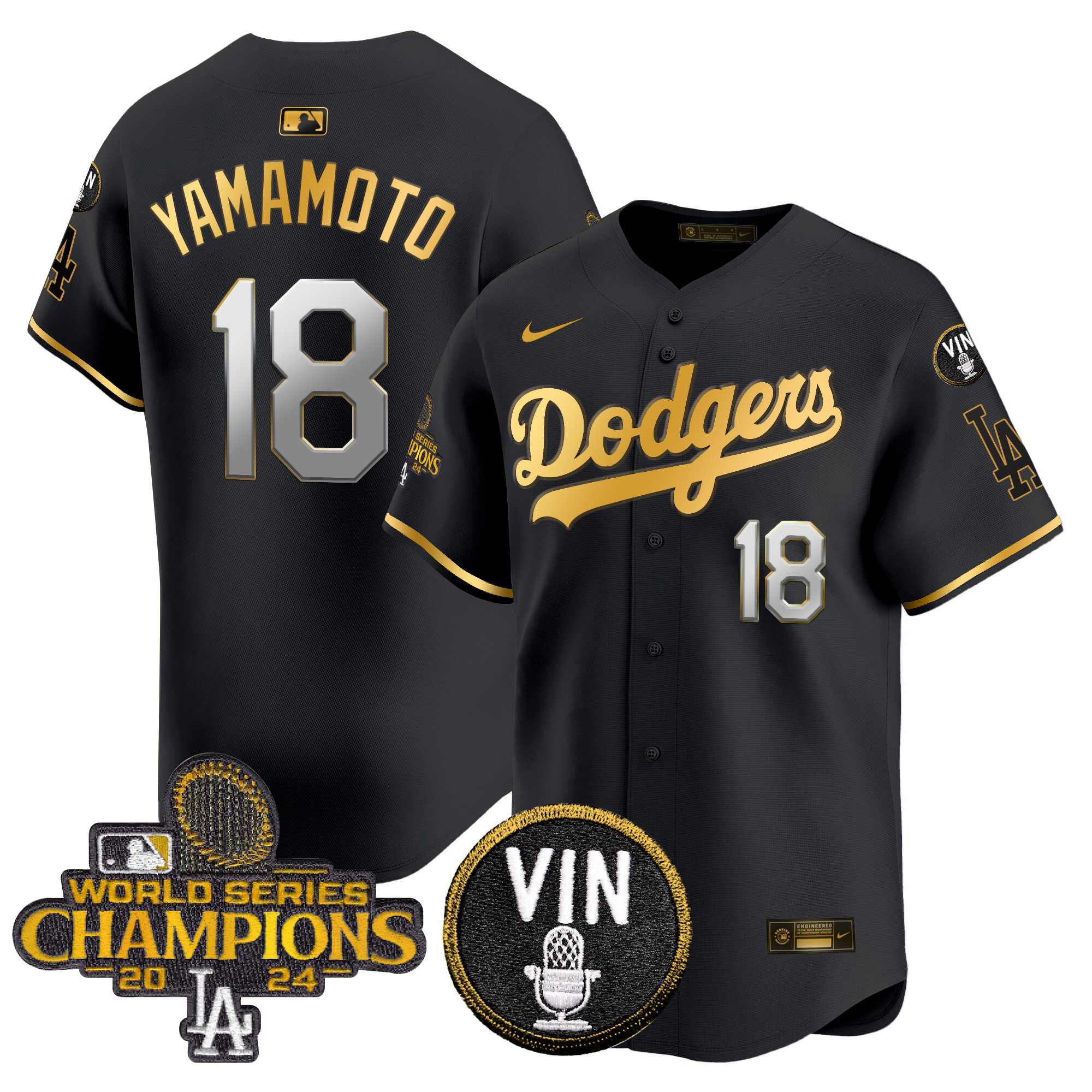 Yamamoto Men's Los Angeles Dodgers 2024 World Series Champions Patch Vapor Premier Limited Black Gold Jersey V3 - All Stitched