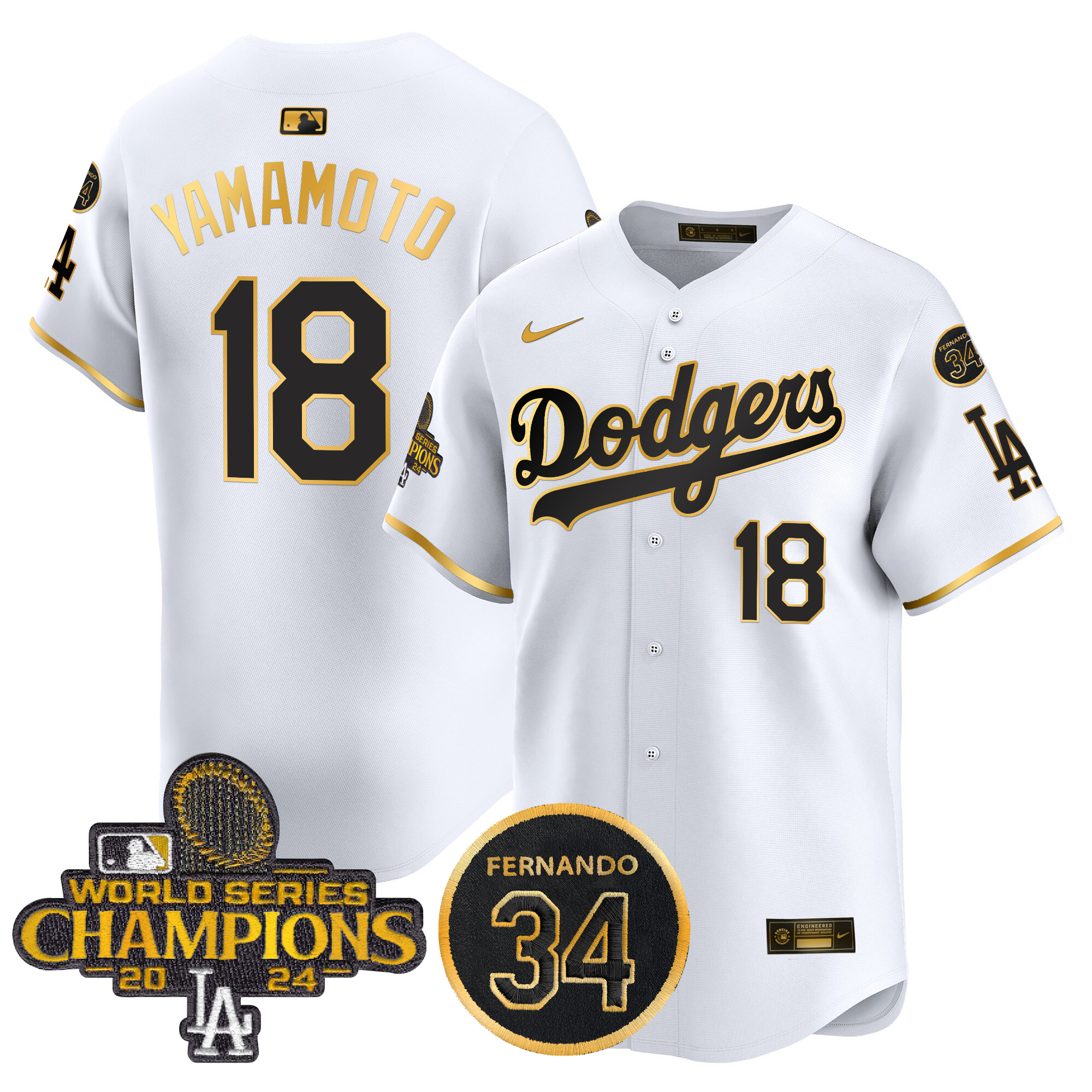 Yamamoto Men's Los Angeles Dodgers 2024 World Series Champions Patch Vapor Premier Limited White Gold Jersey V2 - All Stitched