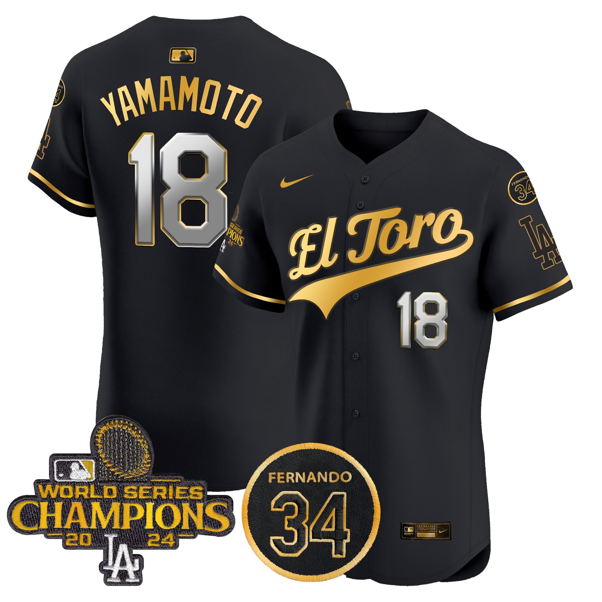 Yamamoto Men's Los Angeles Dodgers El Toro 2024 World Series Champions Patch Vapor Premier Elite Black Gold Jersey - All Stitched
