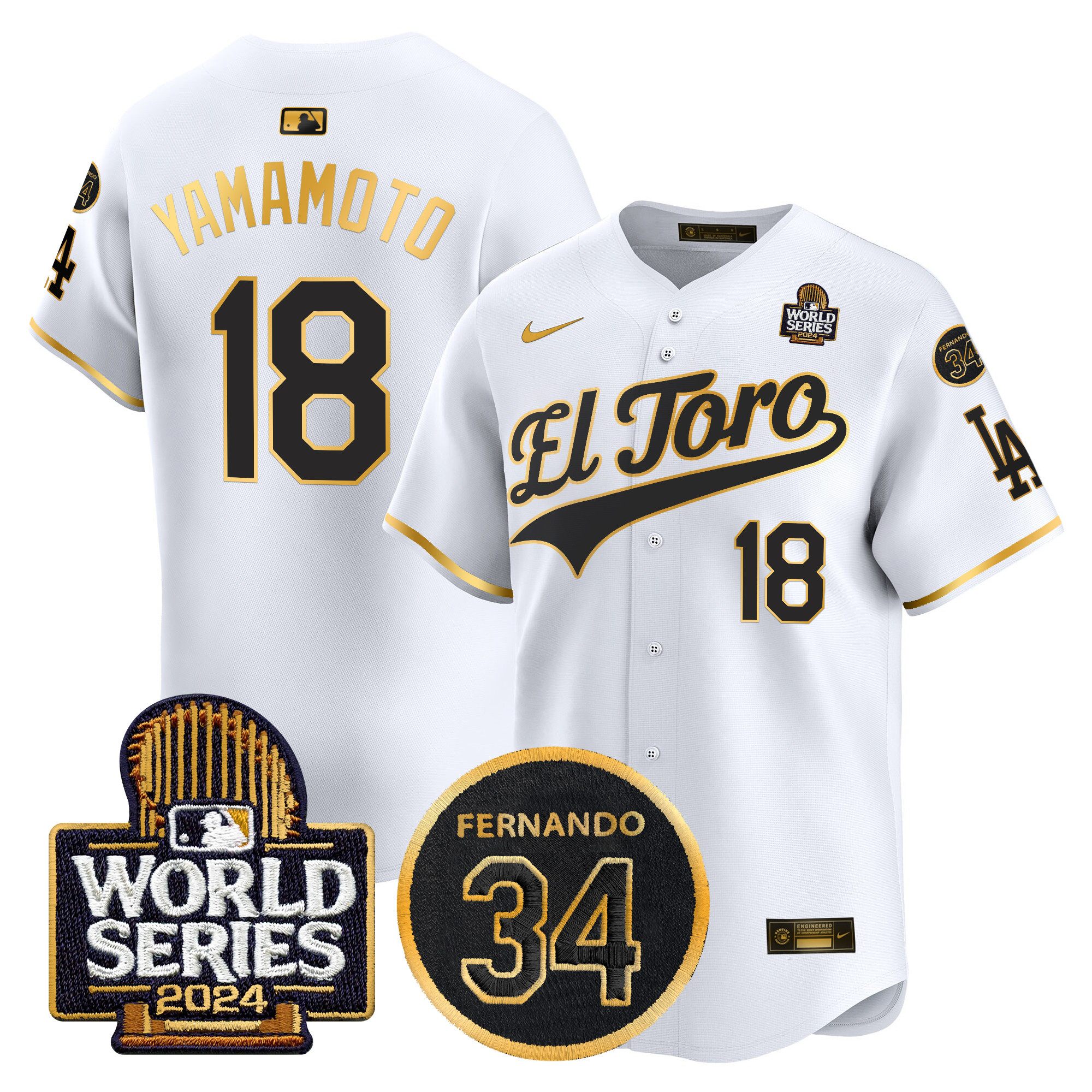 Yamamoto Men's Los Angeles Dodgers El Toro 2024 World Series Patch Vapor Premier Limited White Gold Jersey - All Stitched
