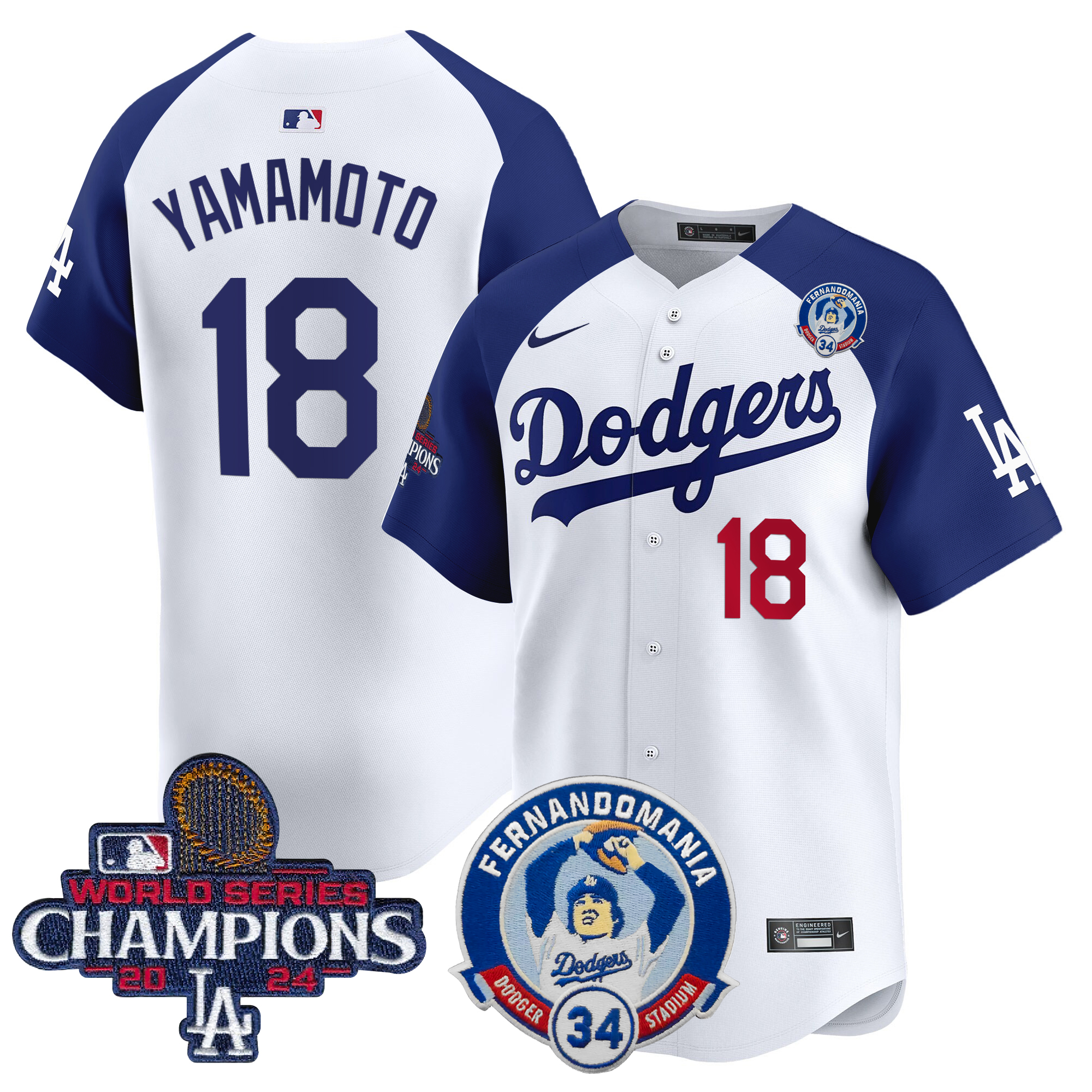 Yamamoto Men's Los Angeles Dodgers Fernando & 2024 World Series Champions Patch Vapor Premier Limited Alternate White Jersey V2 - All Stitched