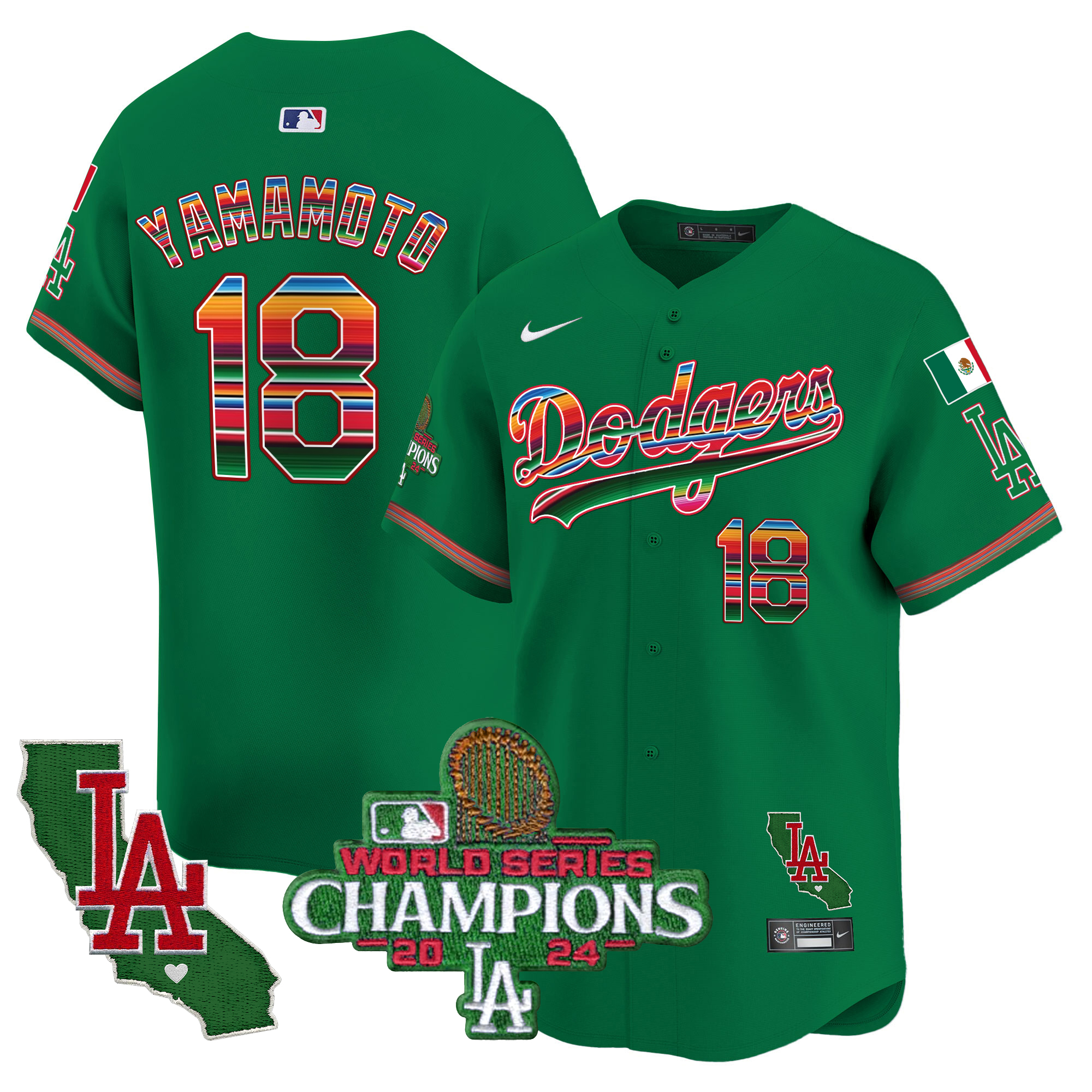 Yamamoto Men's Los Angeles Dodgers Mexico 2024 World Series Champions Vapor Premier Limited Green Jersey - All Stitched