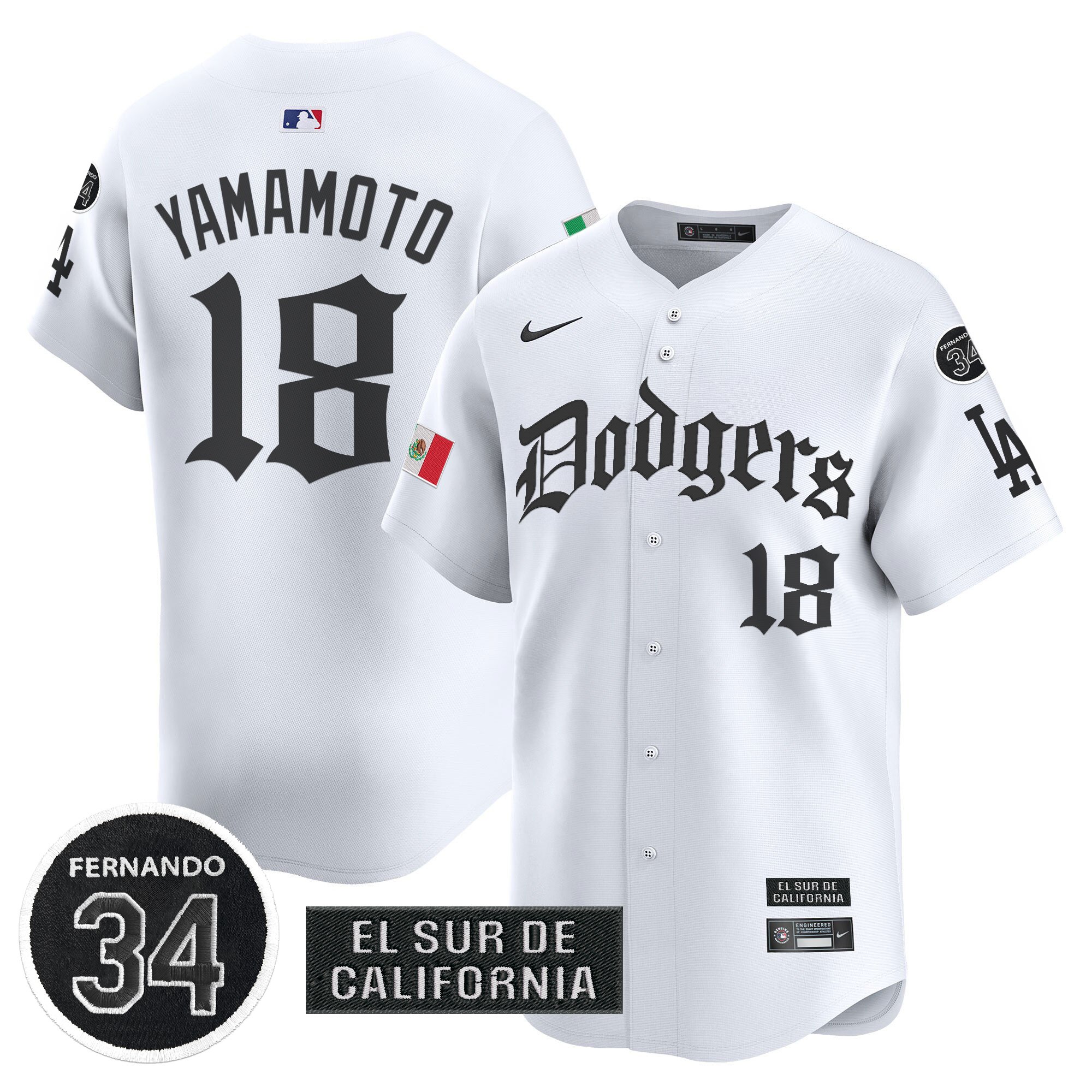 Yamamoto Men's Los Angeles Dodgers Mexico 2025 LA Gothic Style Vapor Premier Limited White Jersey V2 - All Stitched