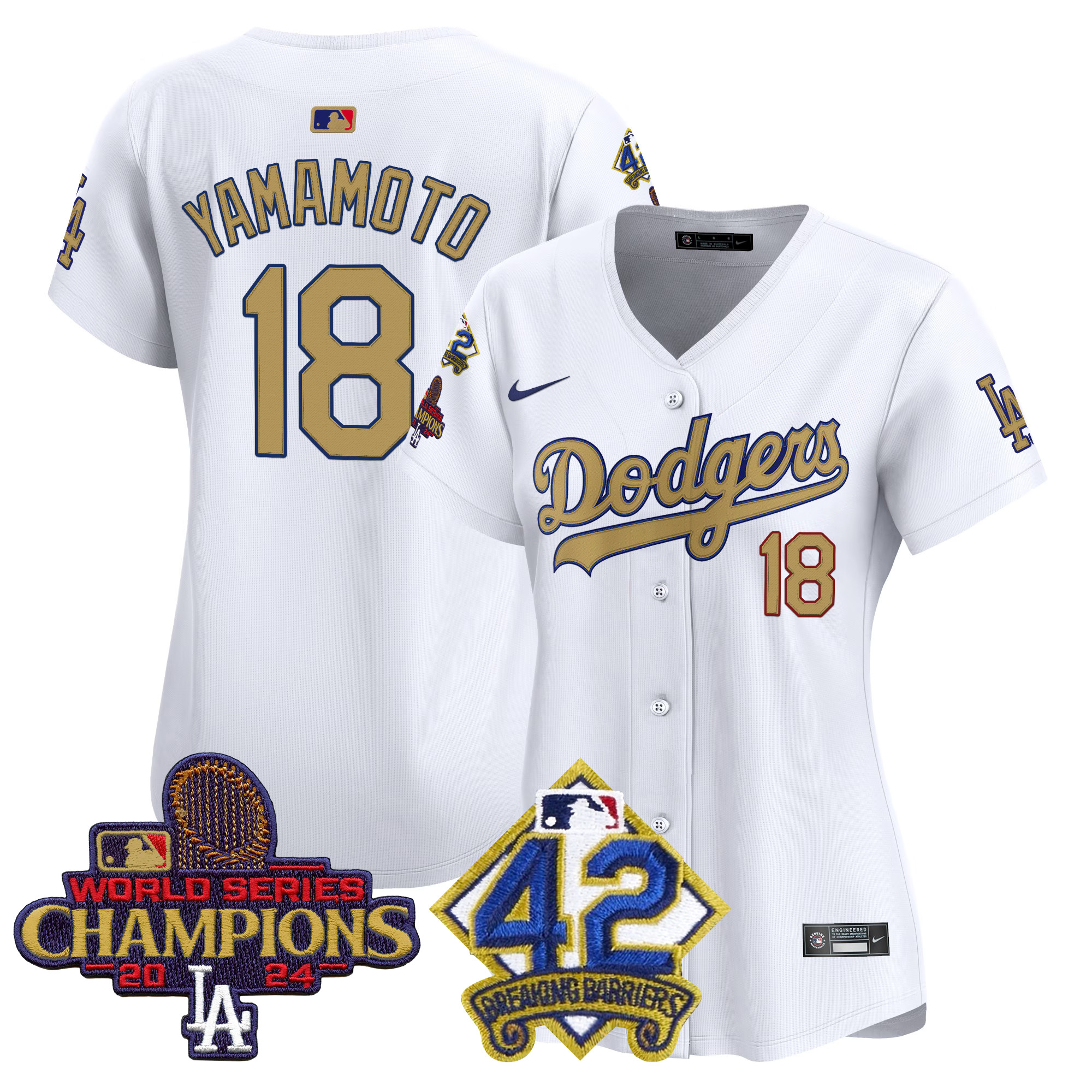 Yamamoto Women's Los Angeles Dodgers 2024 World Series Champions & Jackie Robinson Patch Vapor Premier Limited White Jersey - All Stitched