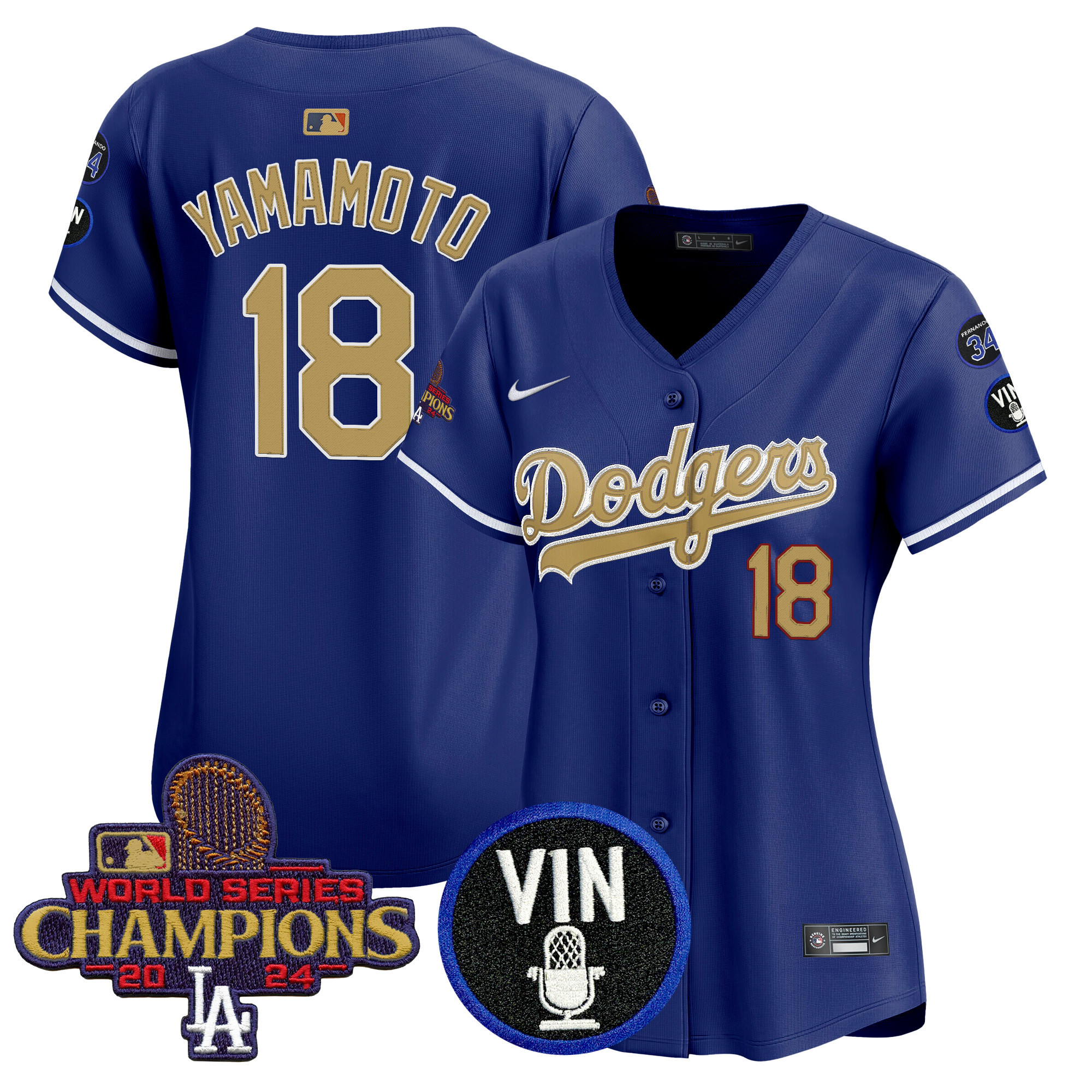 Yamamoto Women's Los Angeles Dodgers 2025 Vin Scully & #34 Fernando Patch Gold Vapor Premier Limited Royal Jersey - All Stitched