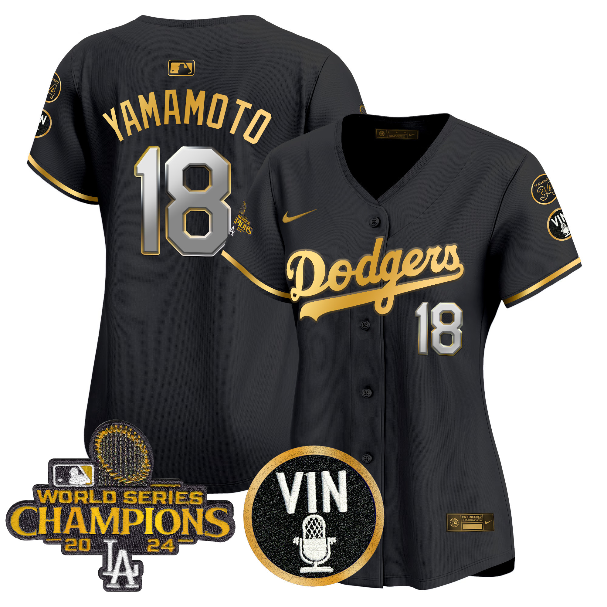 Yamamoto Women's Los Angeles Dodgers 2025 Vin Scully & #34 Fernando Patch Gold Vapor Premier Limited Black Gold Jersey - All Stitched