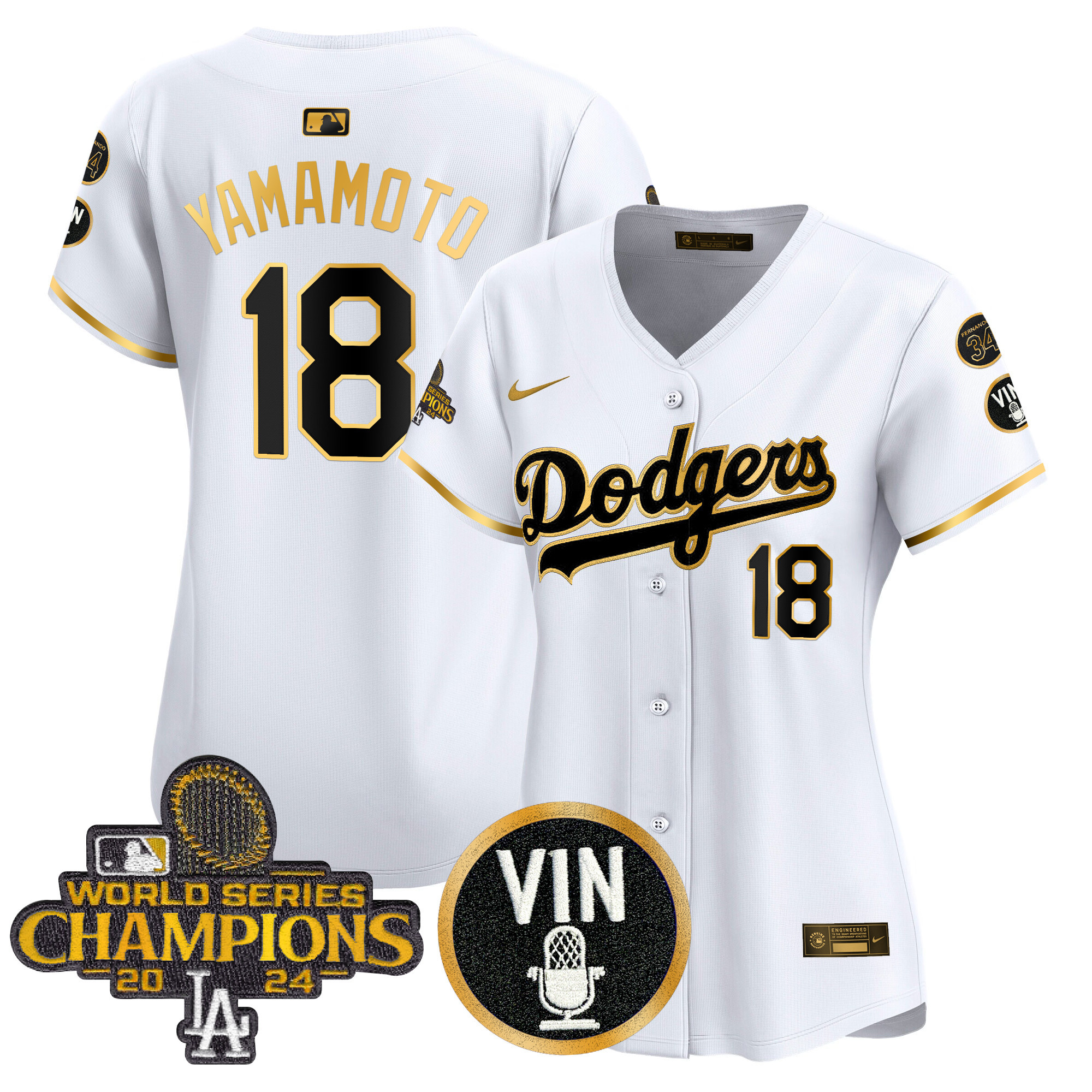Yamamoto Women's Los Angeles Dodgers 2025 Vin Scully & #34 Fernando Patch Gold Vapor Premier Limited White Gold Jersey - All Stitched