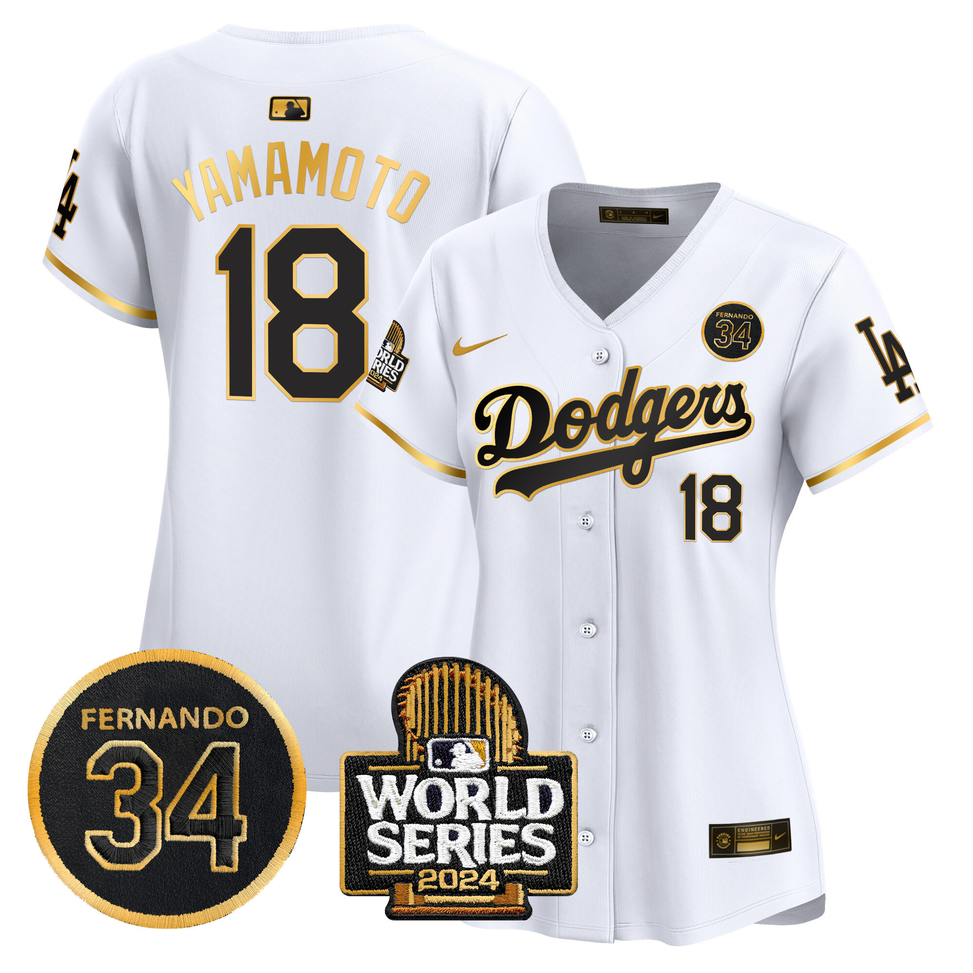 Yamamoto Women's Los Angeles Dodgers Fernando Valenzuela & 2024 World Series Patch Vapor Premier Limited White Gold Jersey V2 - All Stitched