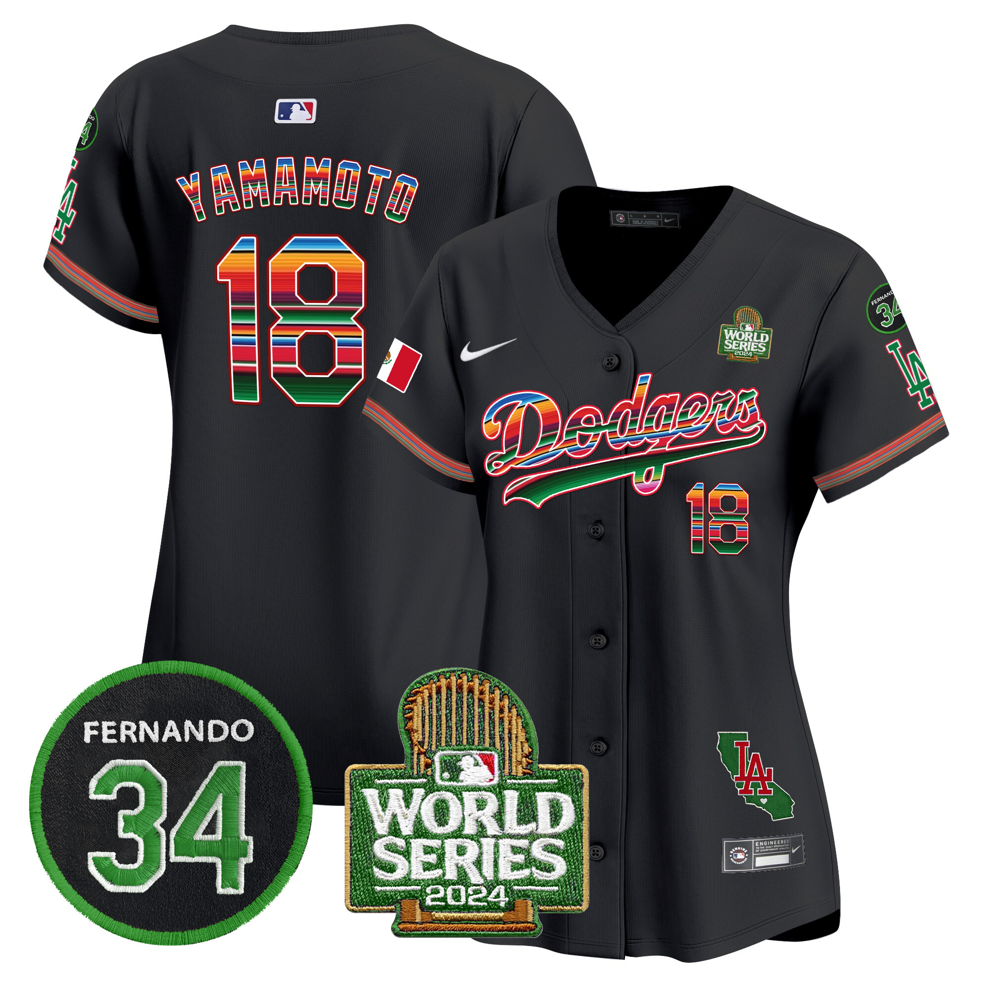 Yamamoto Women's Los Angeles Dodgers Mexico Fernando Memorial & 2024 World Series Patch Vapor Premier Limited Black Jersey V2 - All Stitched