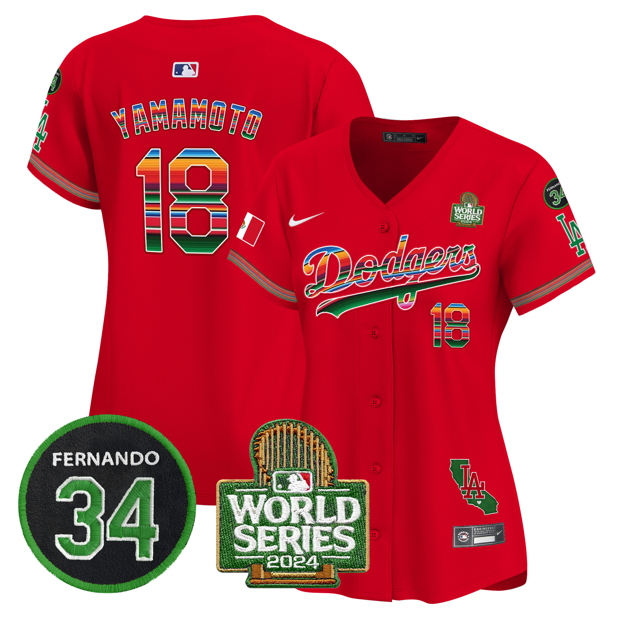 Yamamoto Women's Los Angeles Dodgers Mexico Fernando Memorial & 2024 World Series Patch Vapor Premier Limited Red Jersey V2 - All Stitched