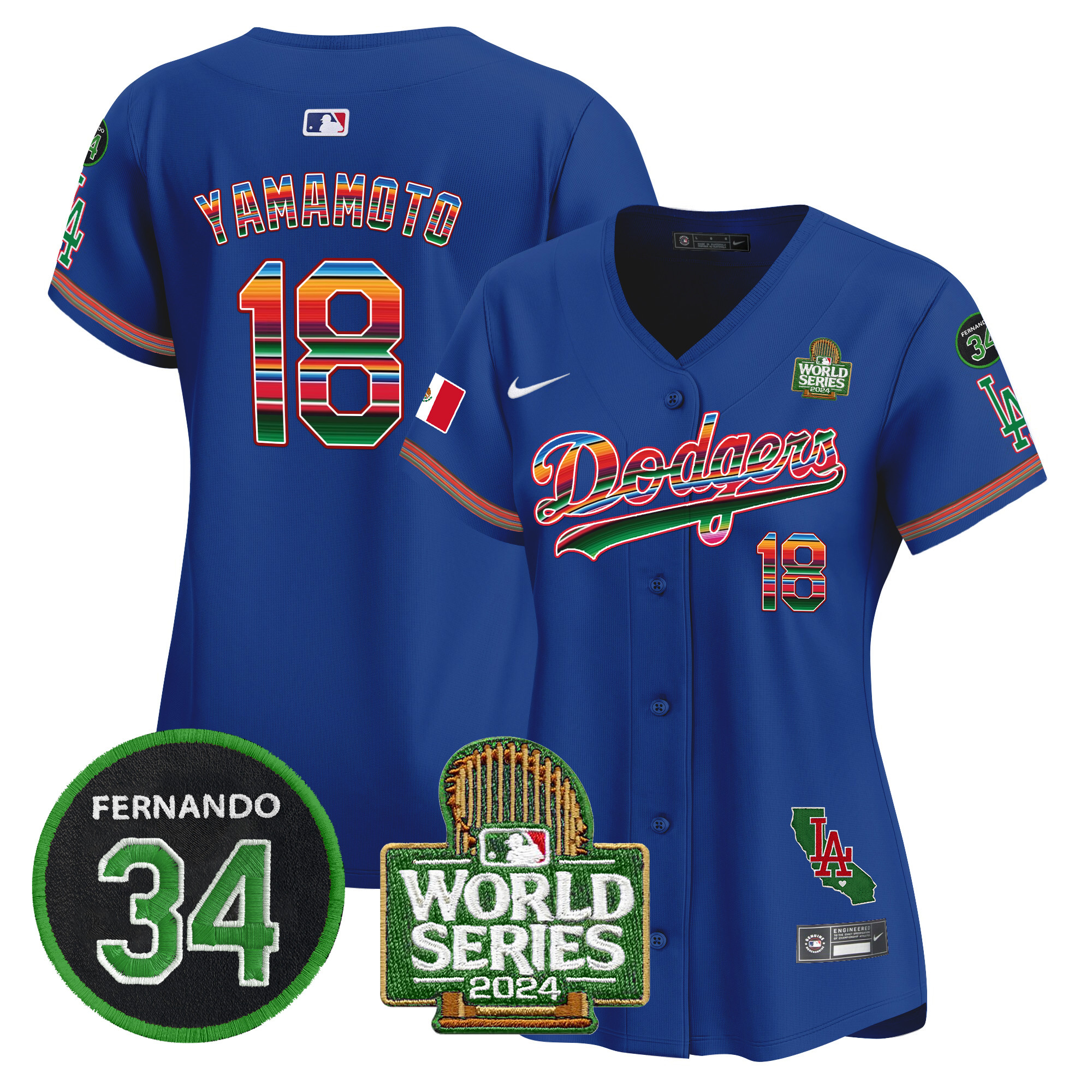 Yamamoto Women's Los Angeles Dodgers Mexico Fernando Memorial & 2024 World Series Patch Vapor Premier Limited Royal Jersey V2 - All Stitched