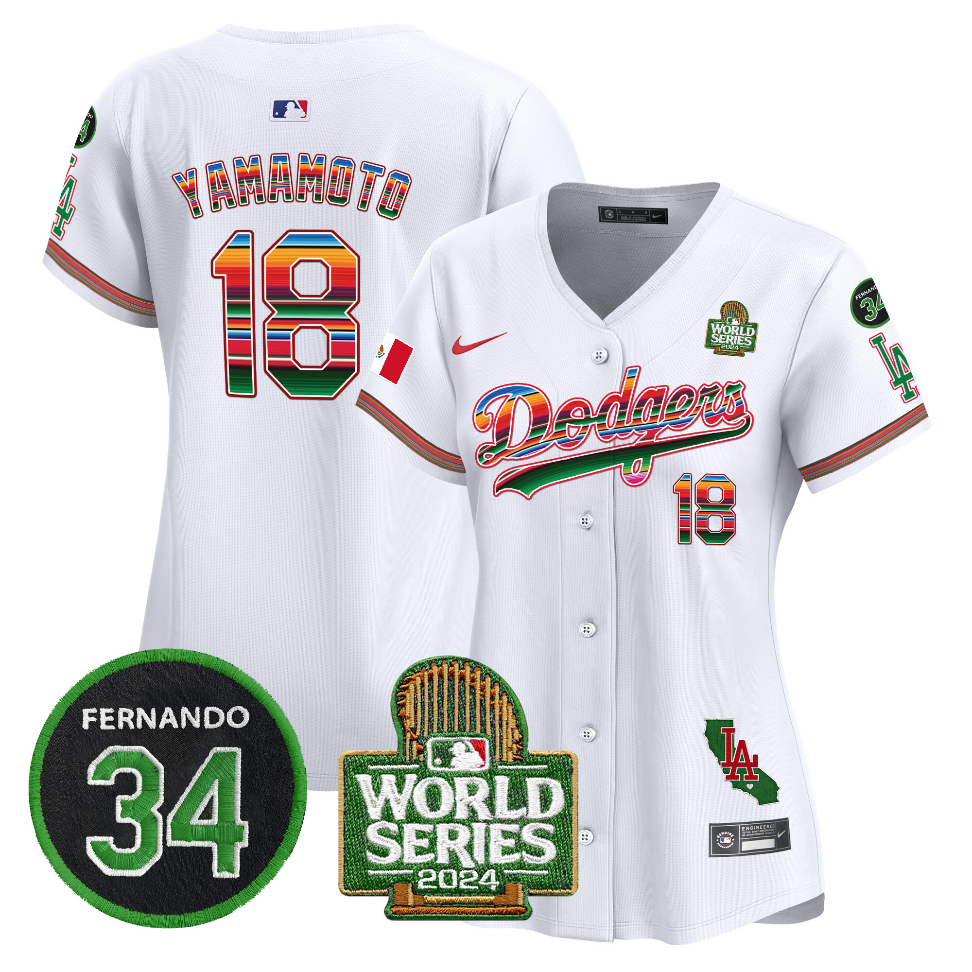 Yamamoto Women's Los Angeles Dodgers Mexico Fernando Memorial & 2024 World Series Patch Vapor Premier Limited White Jersey V2 - All Stitched