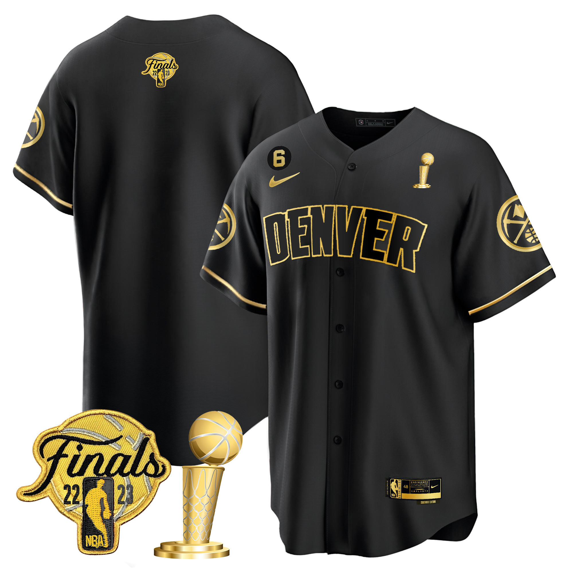 Youth's Denver Nuggets 2023 Finals & Champions Patch Cool Base Black Gold Jersey - All Stitched
