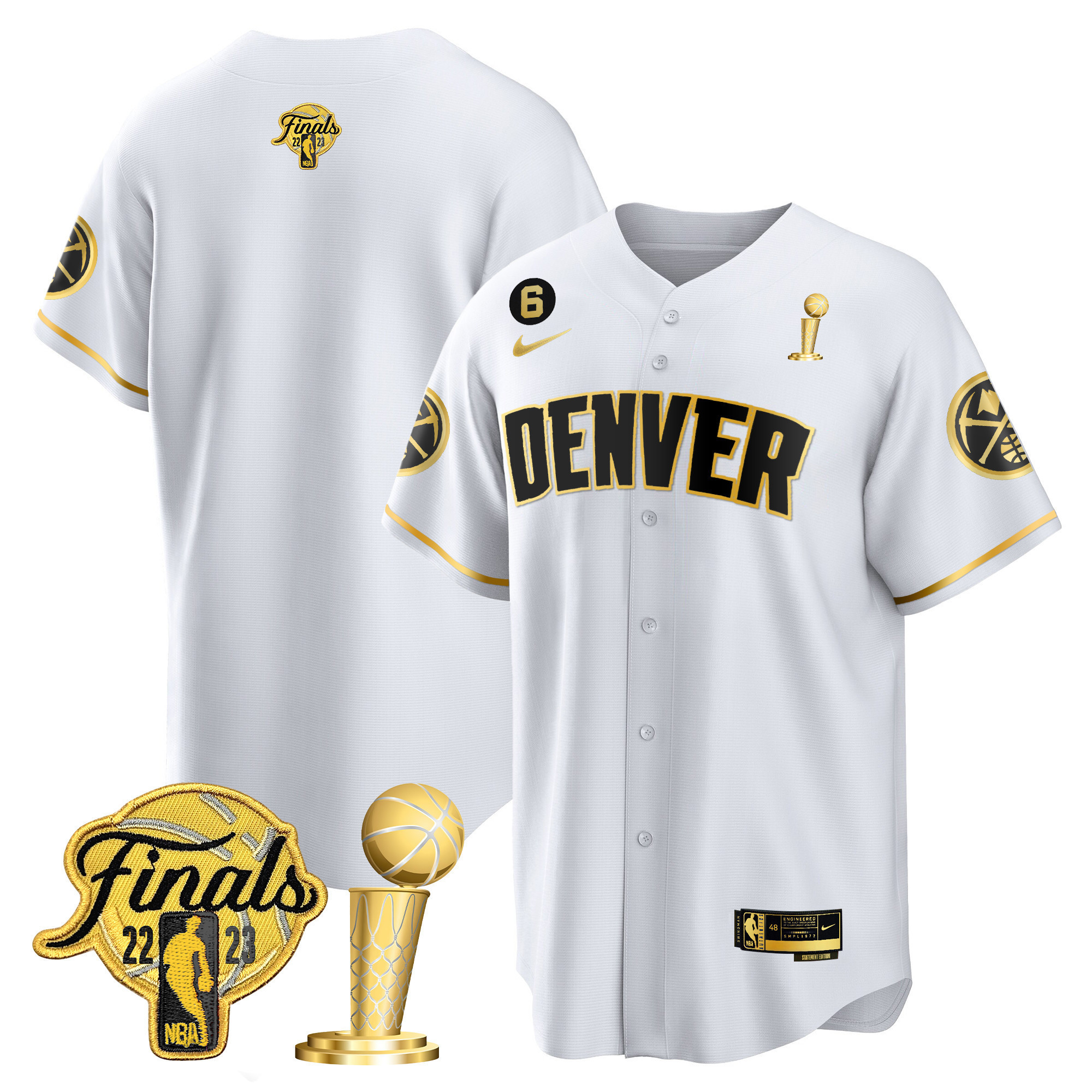 Youth's Denver Nuggets 2023 Finals & Champions Patch Cool Base White Gold Jersey - All Stitched