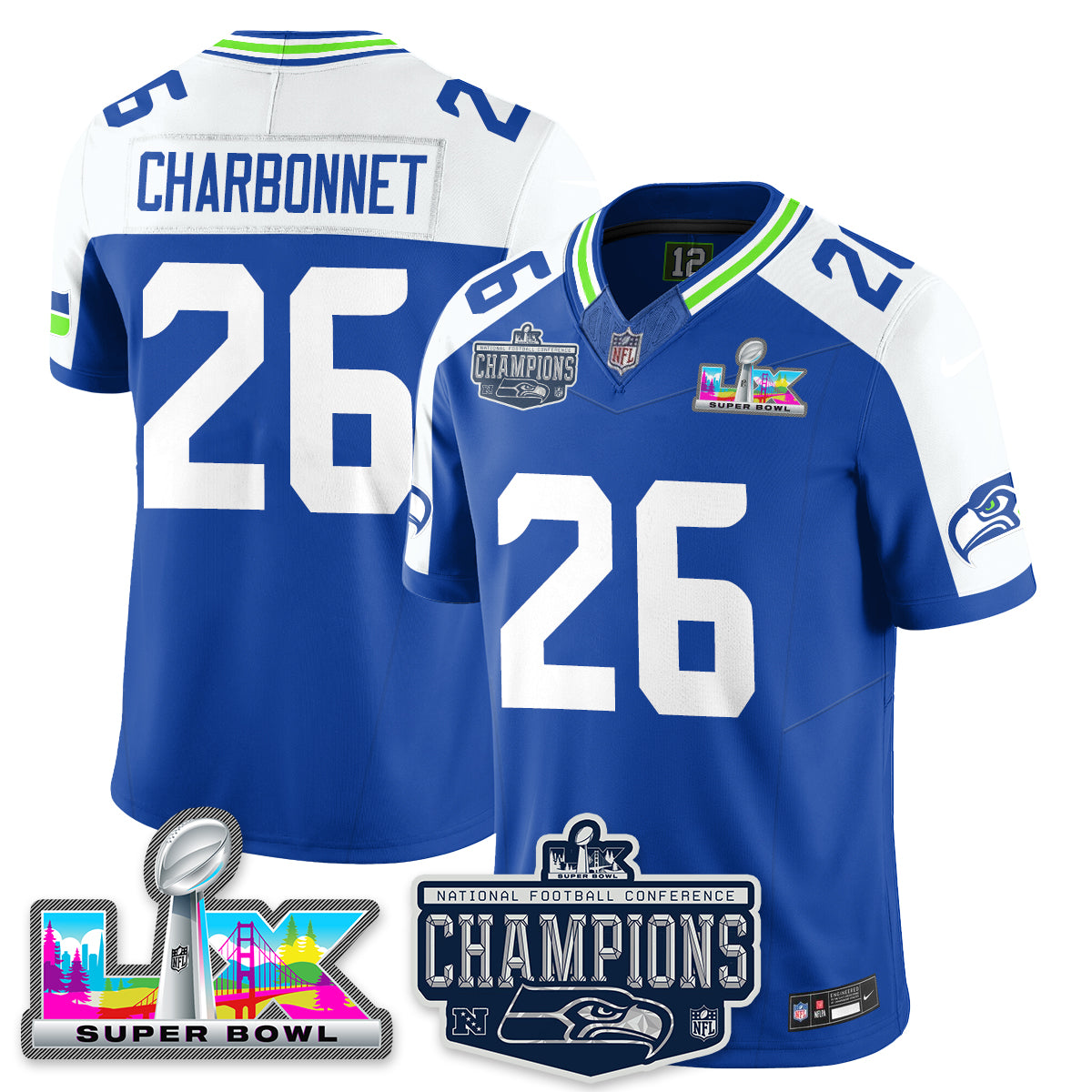 Zach Charbonnet - 26 Seattle Seahawks 2025 NFC Champions Vapor Limited Royal Alternate Jersey - All Stitched