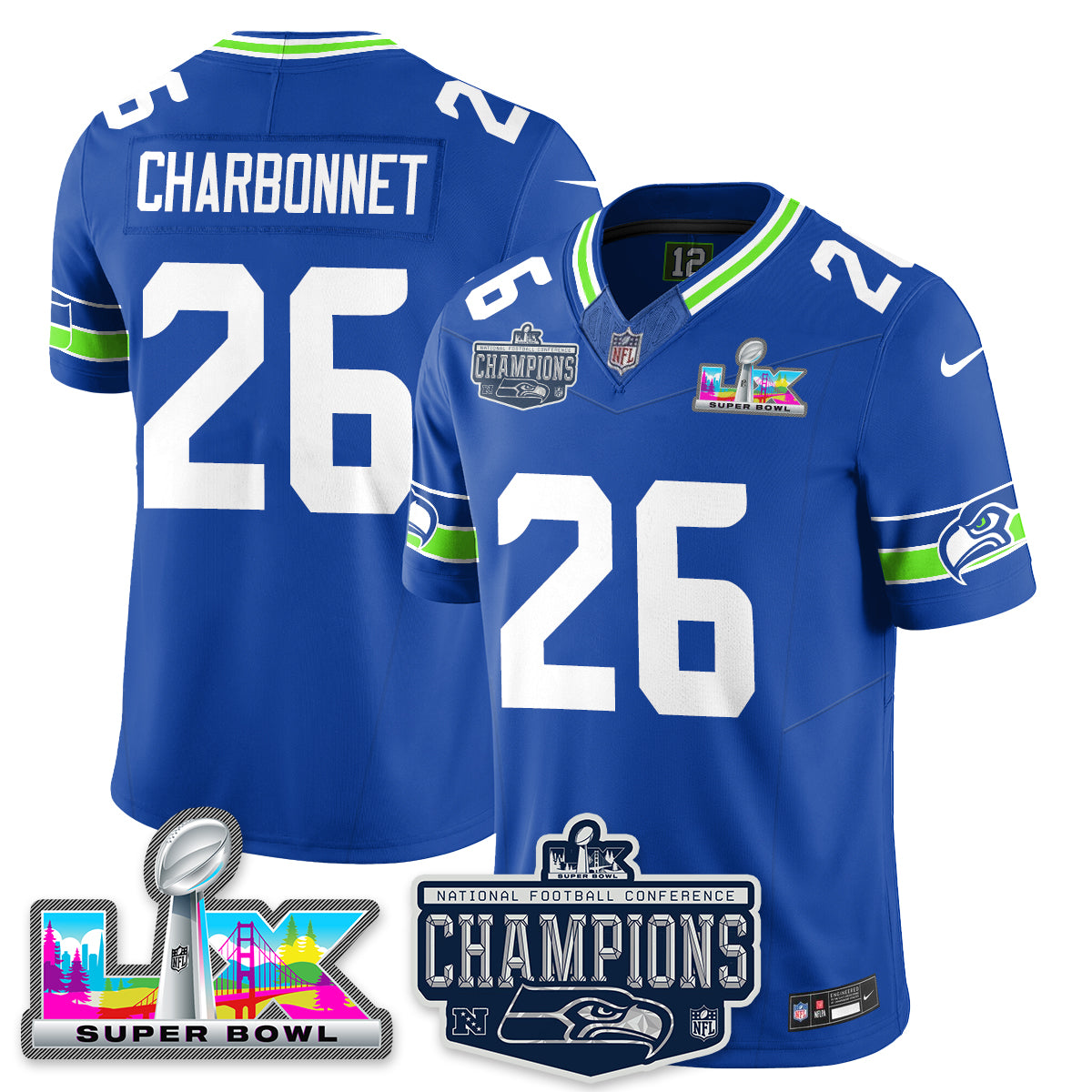 Zach Charbonnet - 26 Seattle Seahawks 2025 NFC Champions Vapor Limited Royal Jersey - All Stitched