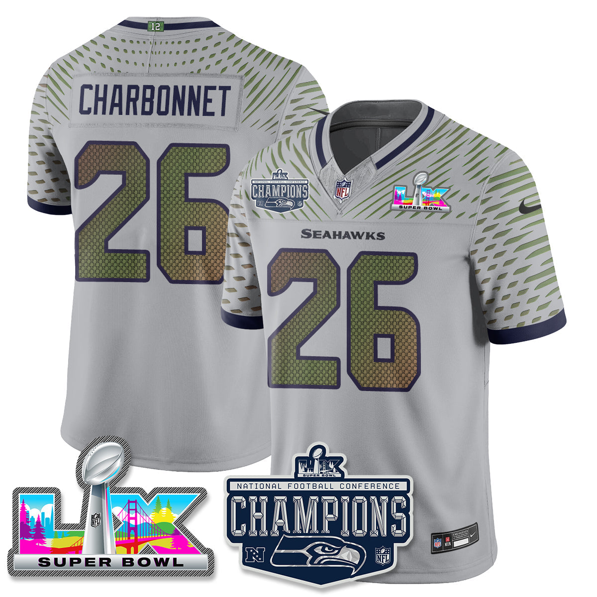 Zach Charbonnet - 26 Seattle Seahawks 2025 NFC Champions Vapor Limited Wolf Gray Jersey - All Stitched