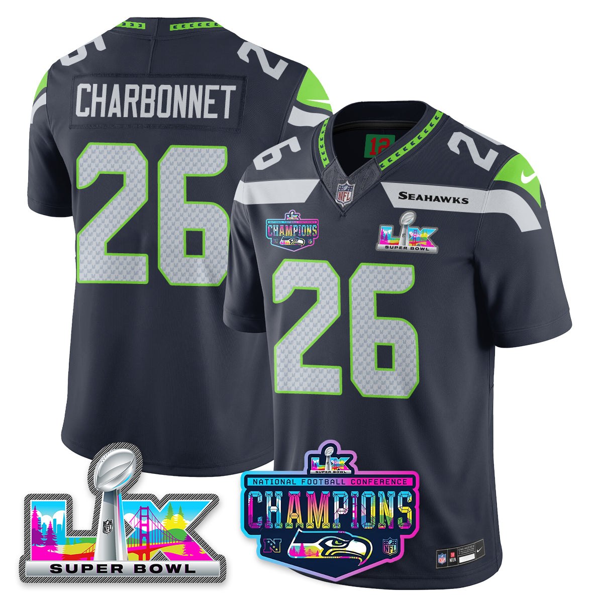 Zach Charbonnet - 26 Seattle Seahawks 2025 Vapor Limited Navy Jersey - NFC Champions Limited Patch - All Stitched