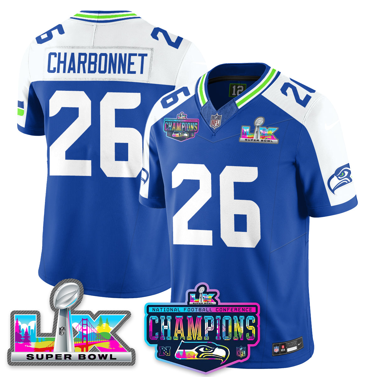 Zach Charbonnet - 26 Seattle Seahawks 2025 Vapor Limited Royal Alternate Jersey - NFC Champions Limited Patch - All Stitched