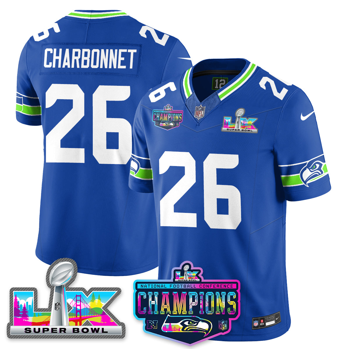 Zach Charbonnet - 26 Seattle Seahawks 2025 Vapor Limited Royal Jersey - NFC Champions Limited Patch - All Stitched