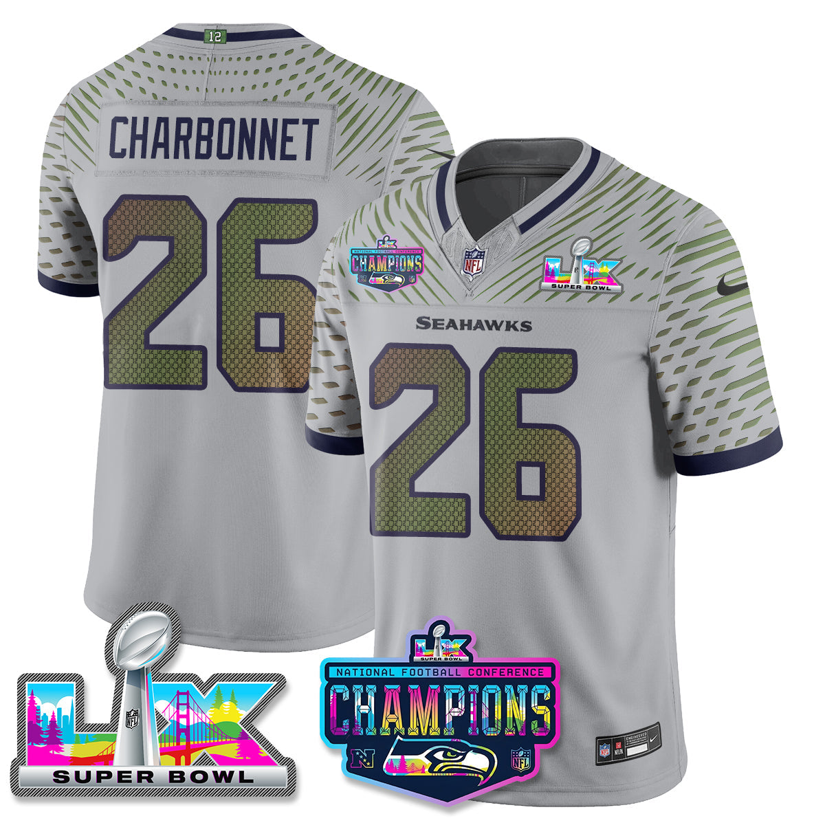 Zach Charbonnet - 26 Seattle Seahawks 2025 Vapor Limited Wolf Gray Jersey - NFC Champions Limited Patch - All Stitched