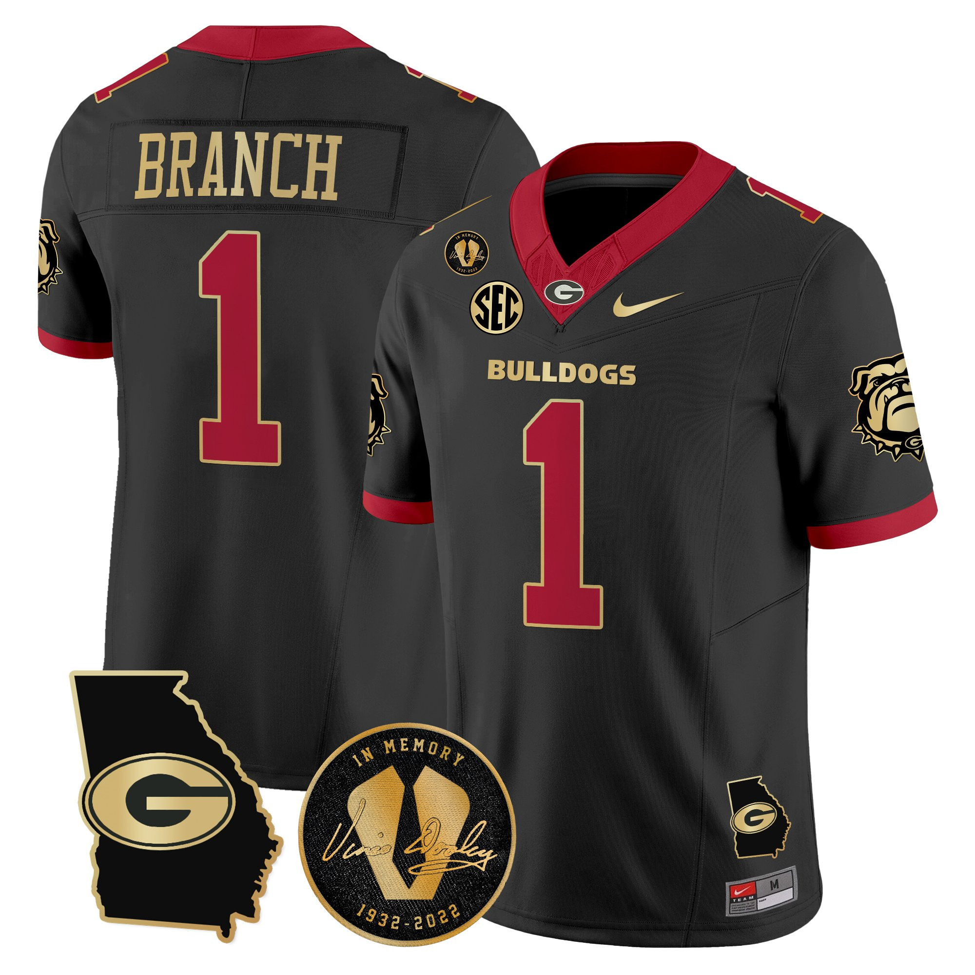 Zachariah Branch Men's Georgia Bulldogs 2025 Georgia Map & Vince Dooley Patch Vapor Limited Black Gold Trim Jersey - All Stitched