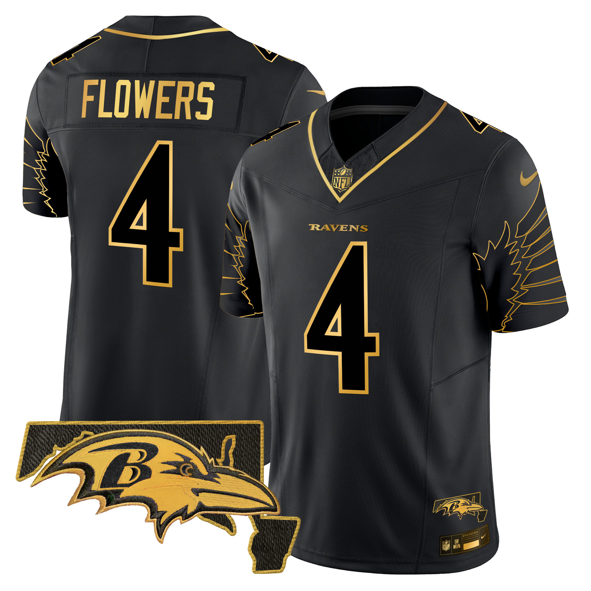 Zay Flowers Men's Baltimore Ravens Maryland Patch Gold Vapor Limited Black Gold Jersey V2 - All Stitched