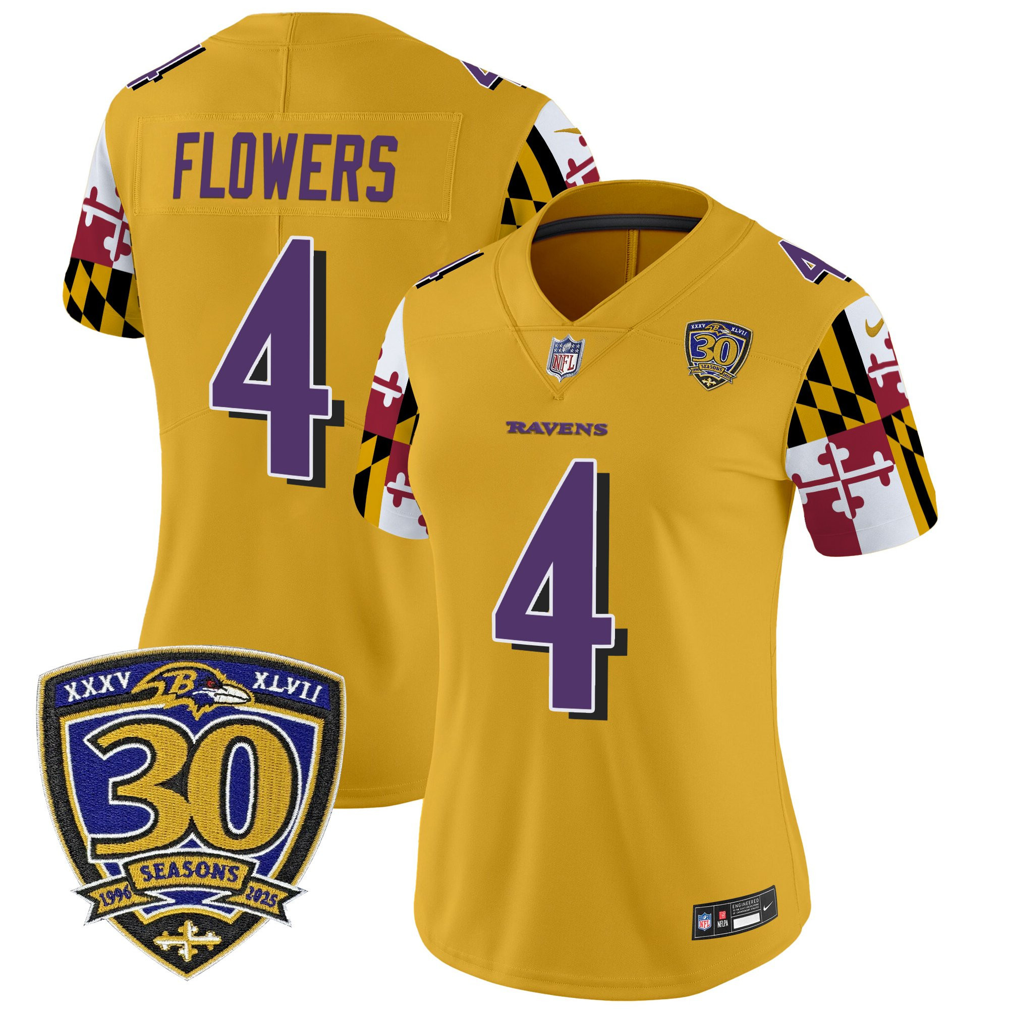 Zay Flowers Women's Baltimore Ravens Maryland Flag Edition Vapor Limited Gold Jersey - 30th Anniversary Patch - All Stitched
