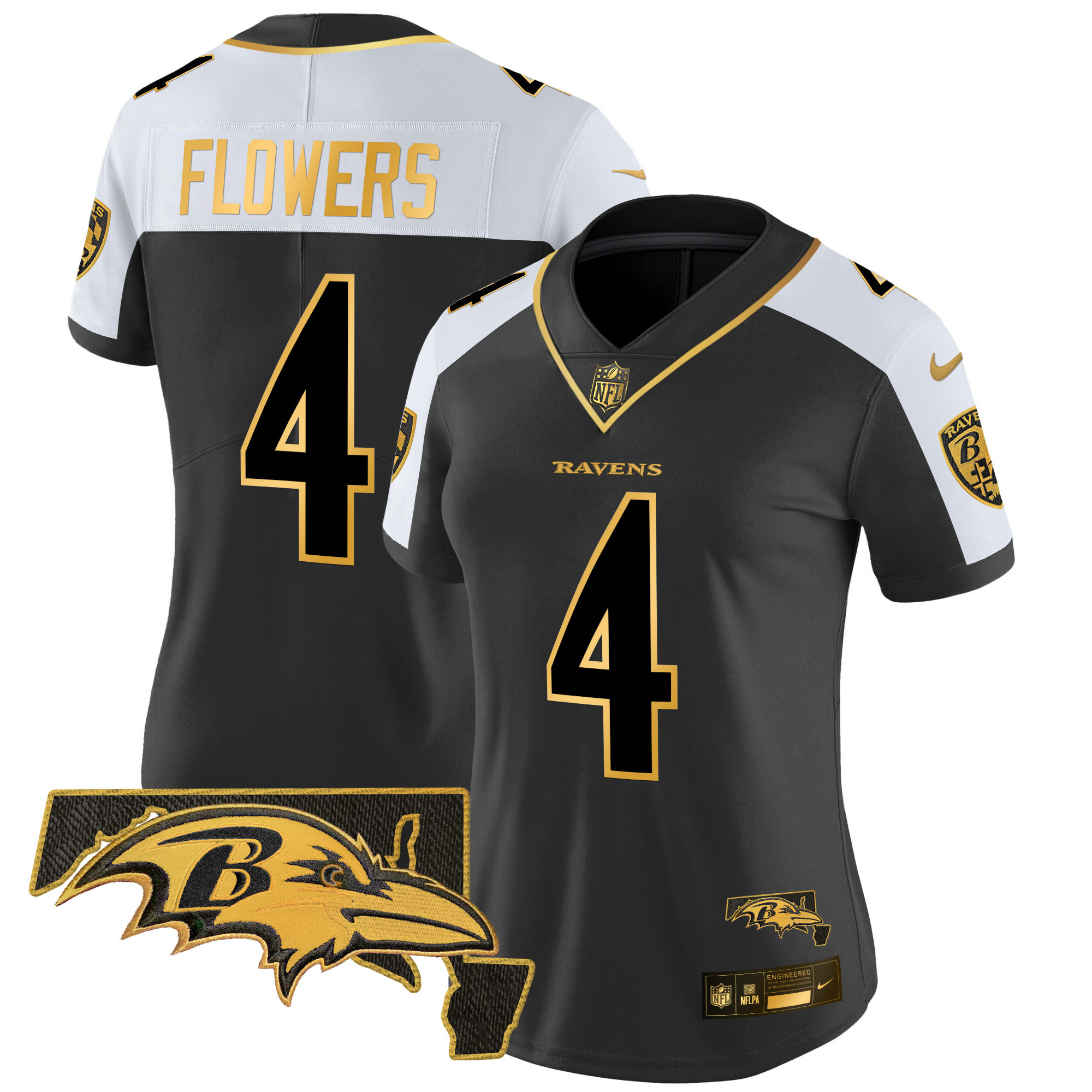 Zay Flowers Women's Baltimore Ravens Maryland Patch Gold Vapor Limited Alternate Jersey V2 - All Stitched