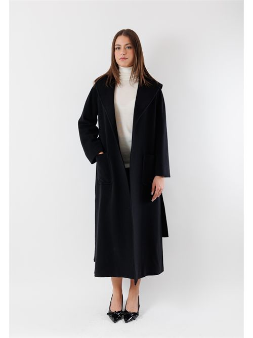 long coat with hood and matching belt in pure wool M33-130CV MESANGE | M33-130CVNERO