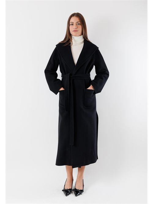 long coat with hood and matching belt in pure wool M33-130CV MESANGE | M33-130CVNERO
